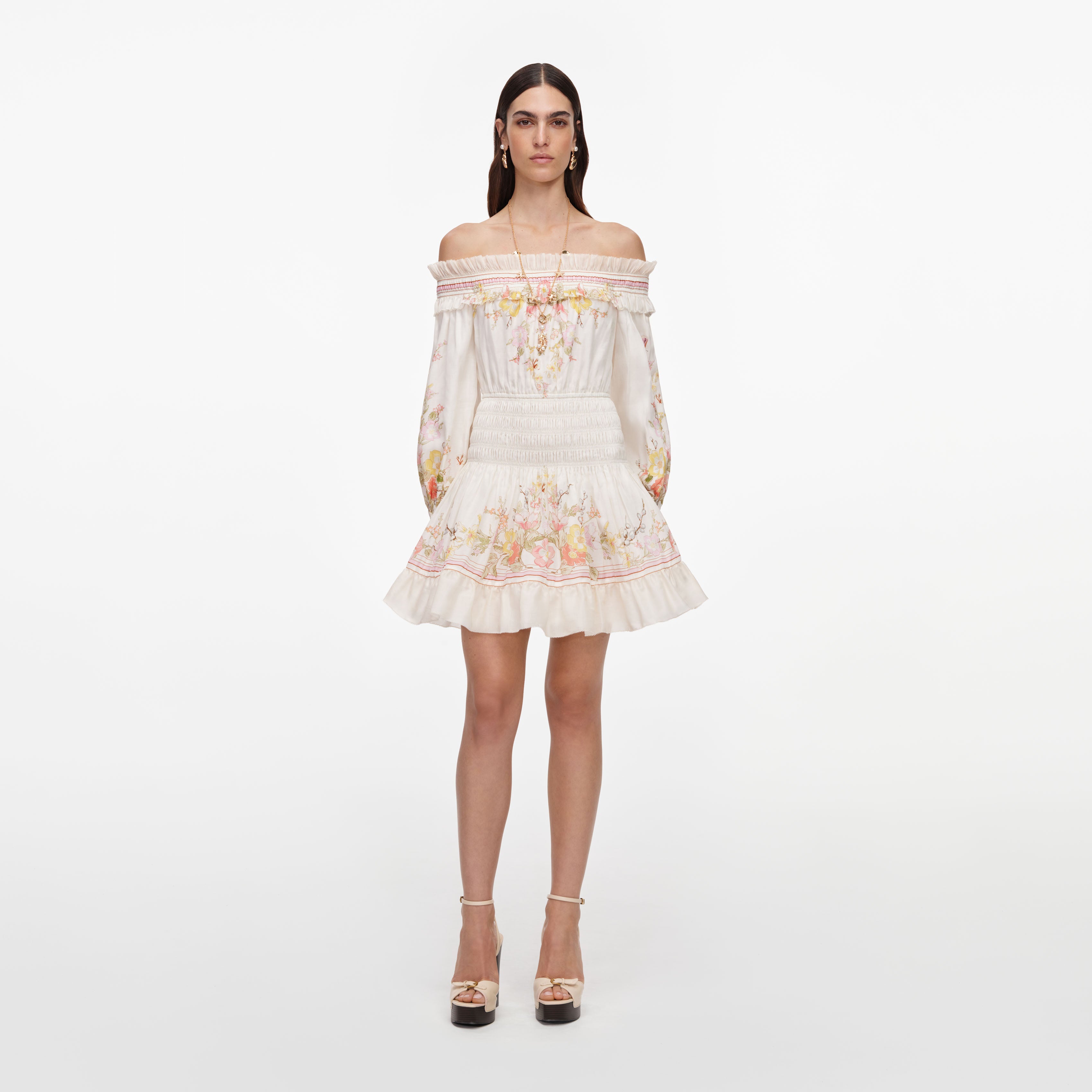Self Portrait Cream Floral Organza Ruffle Minikleid Creme