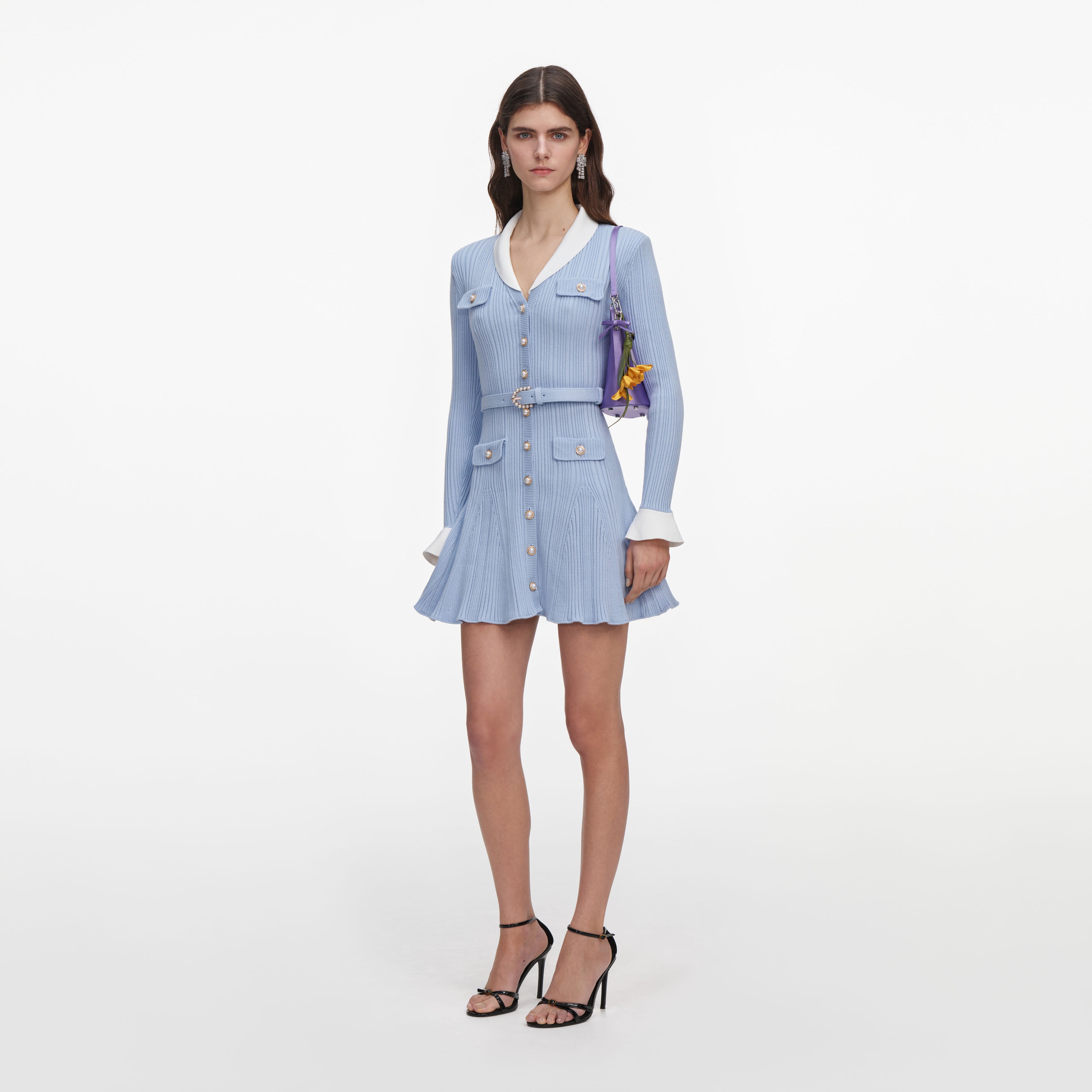 Self Portrait Strickkleid Hellblau Rippstrick Mini