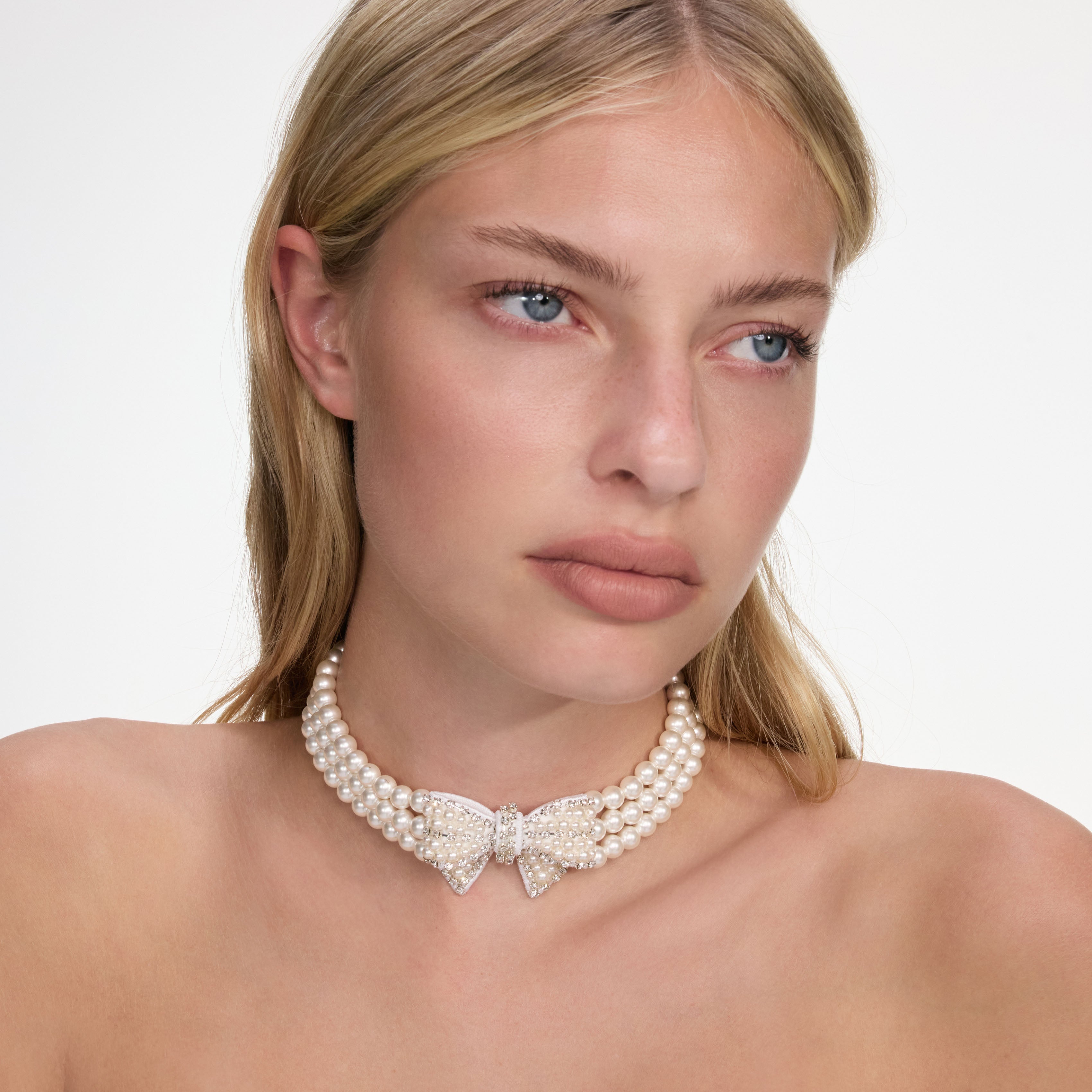 Self Portrait Pearl Satin Bow Halskette Creme One Size