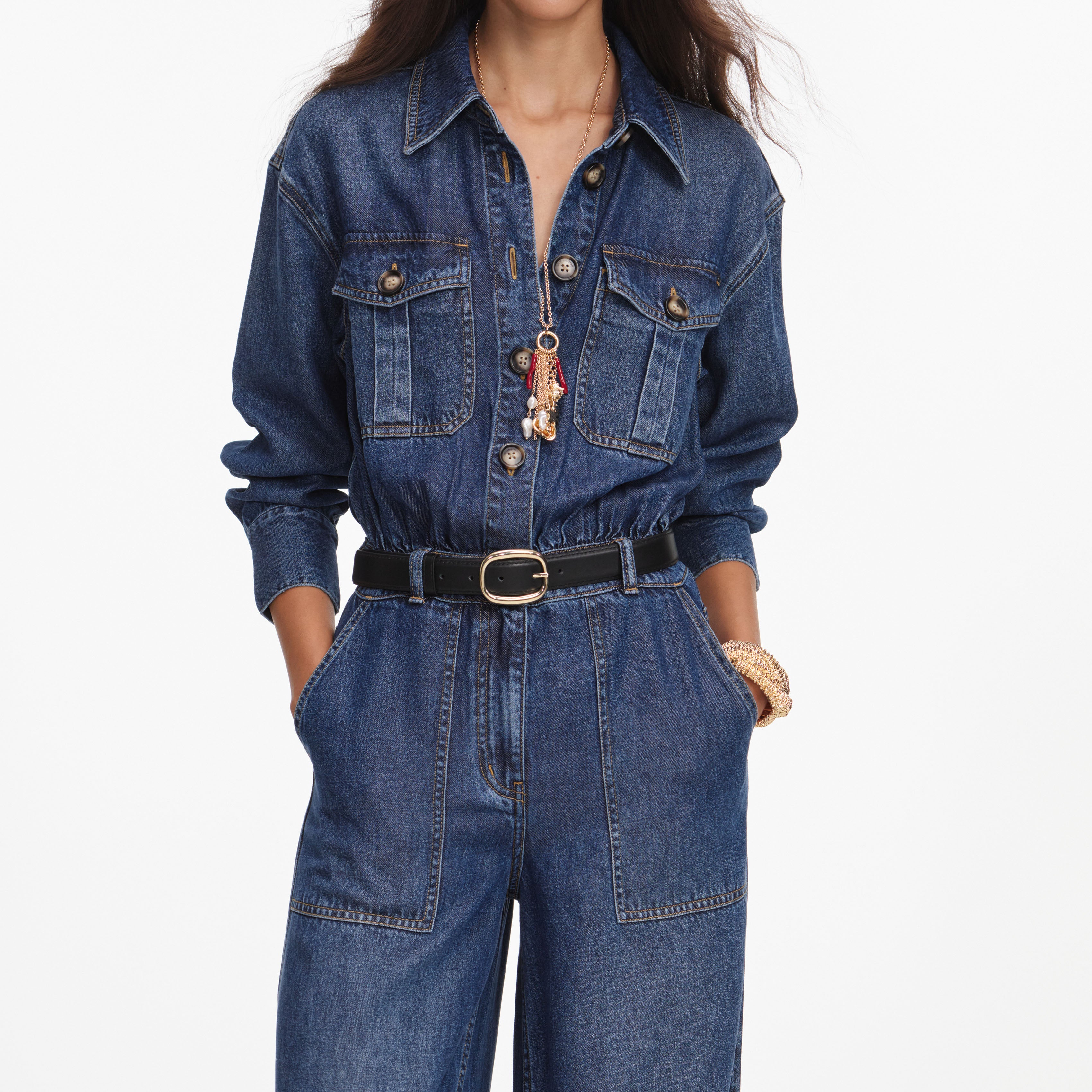 Self-Portrait Denim Relaxed Fit Jumpsuit Denim-Overall Blau