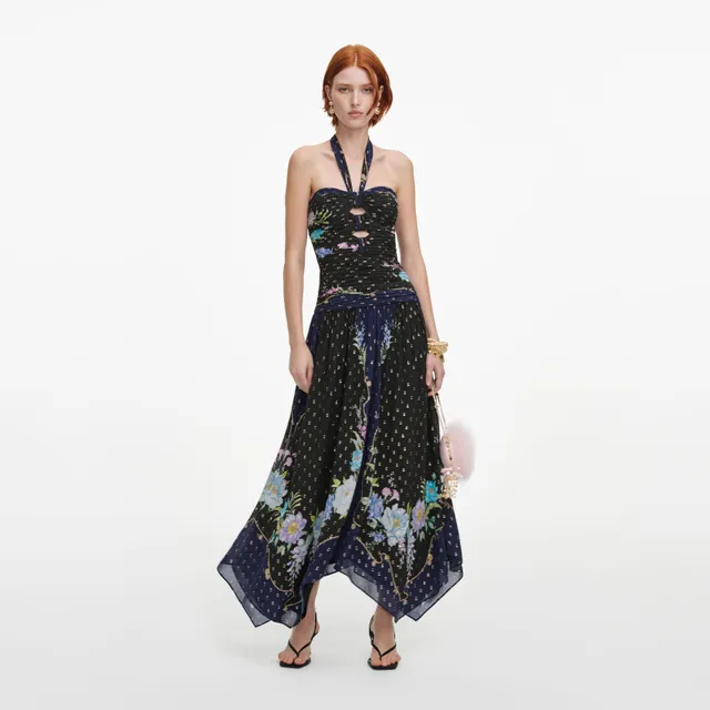 Self Portrait Navy Metallic Chiffon Midikleid Blau