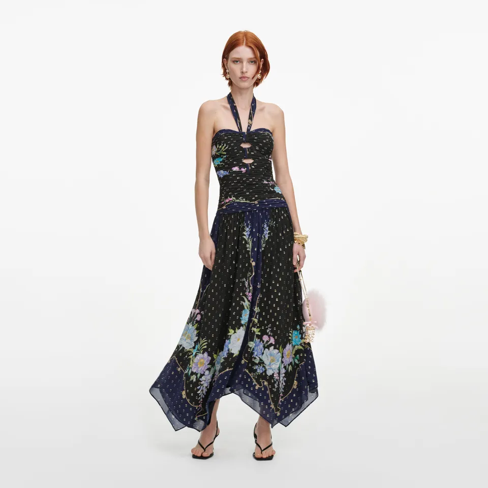 Self Portrait Navy Metallic Chiffon Midikleid Blau