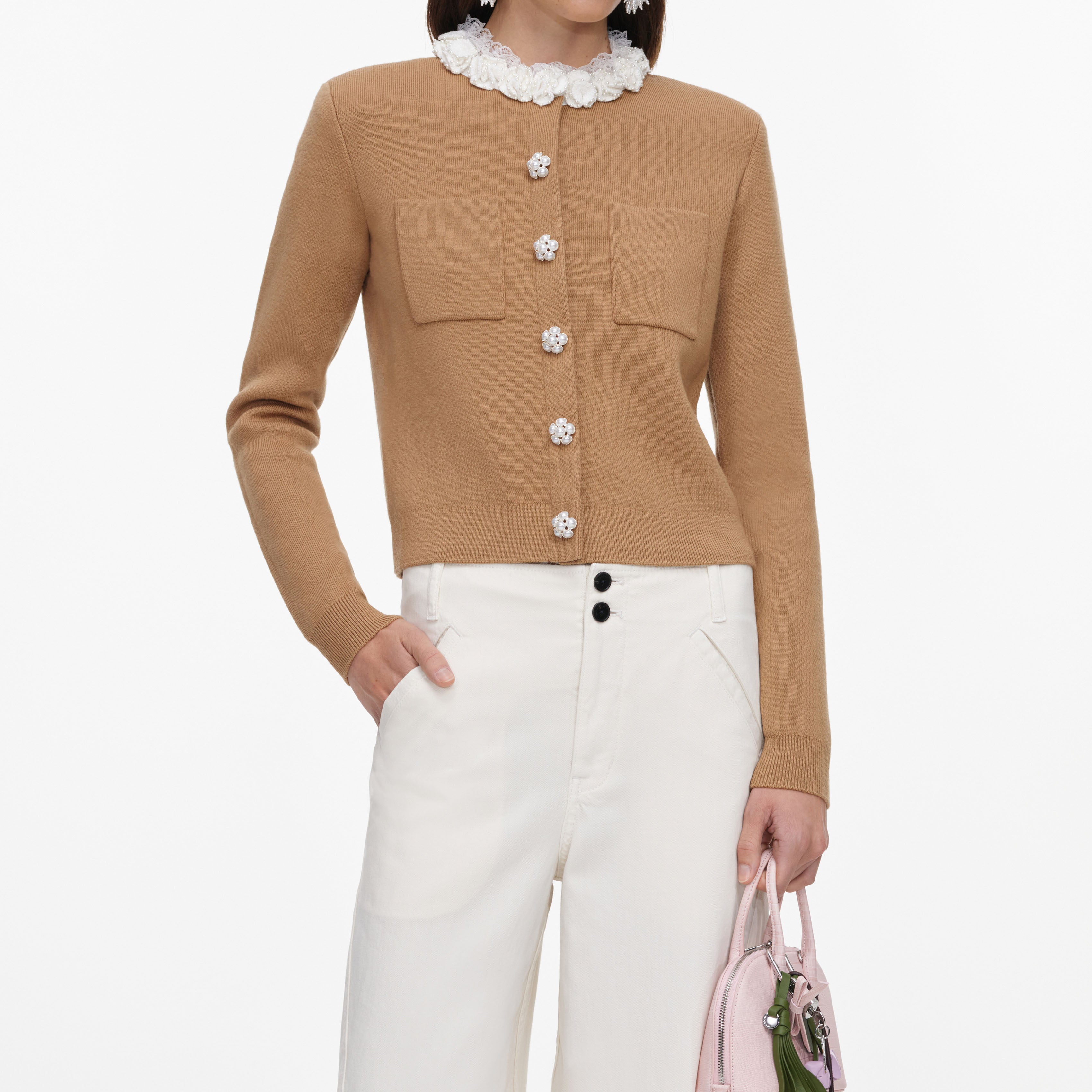 Self Portrait Brown Embellished Strickjacke Braun Perlen