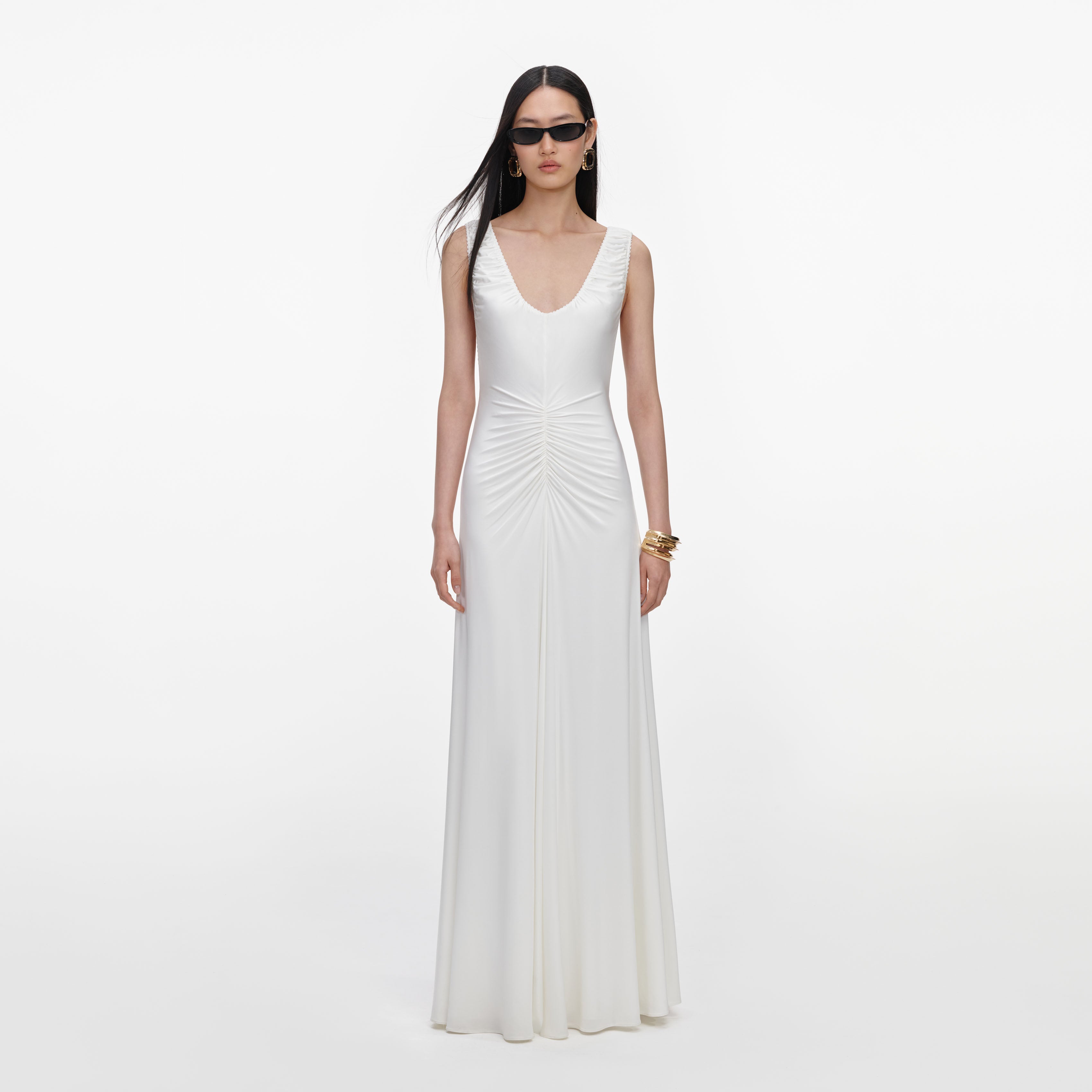 Self Portrait White Jersey Ruched Maxi Kleid UK 8 Weiß