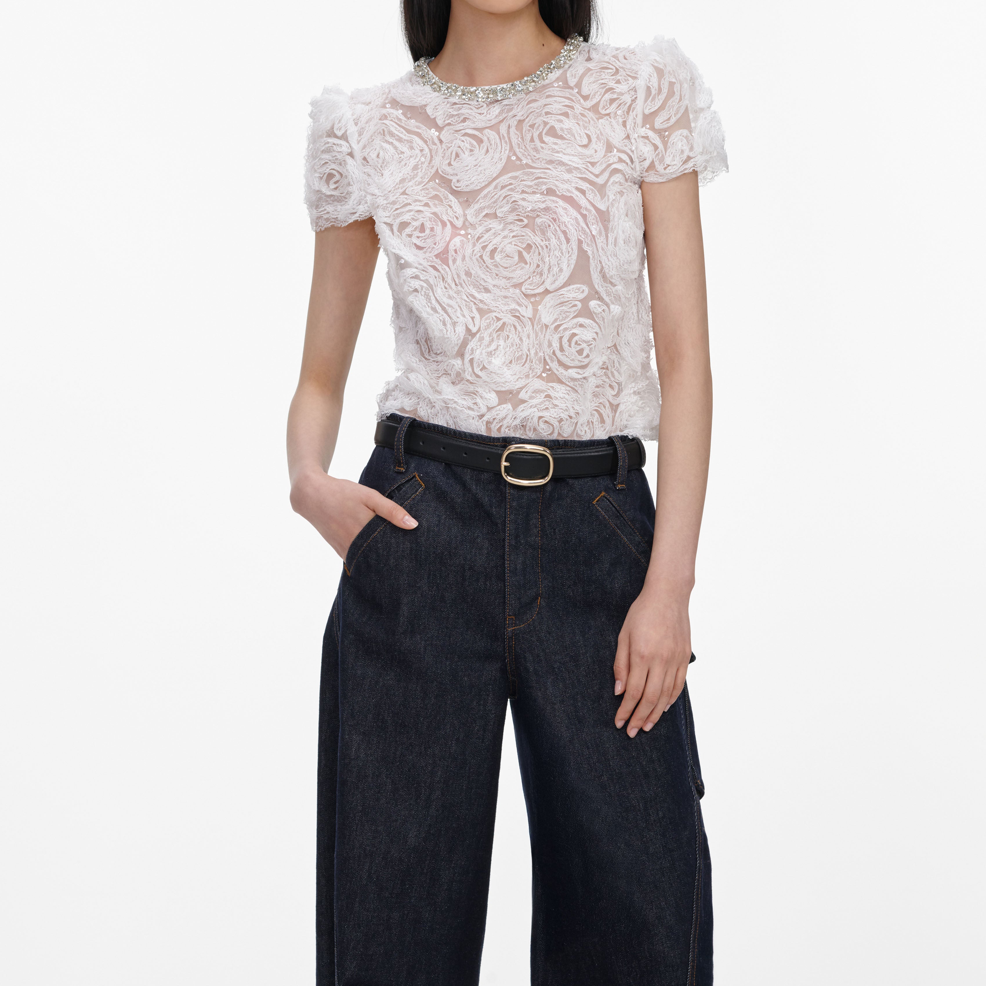 Self Portrait White Tulle Lace Top Weiß Perlen