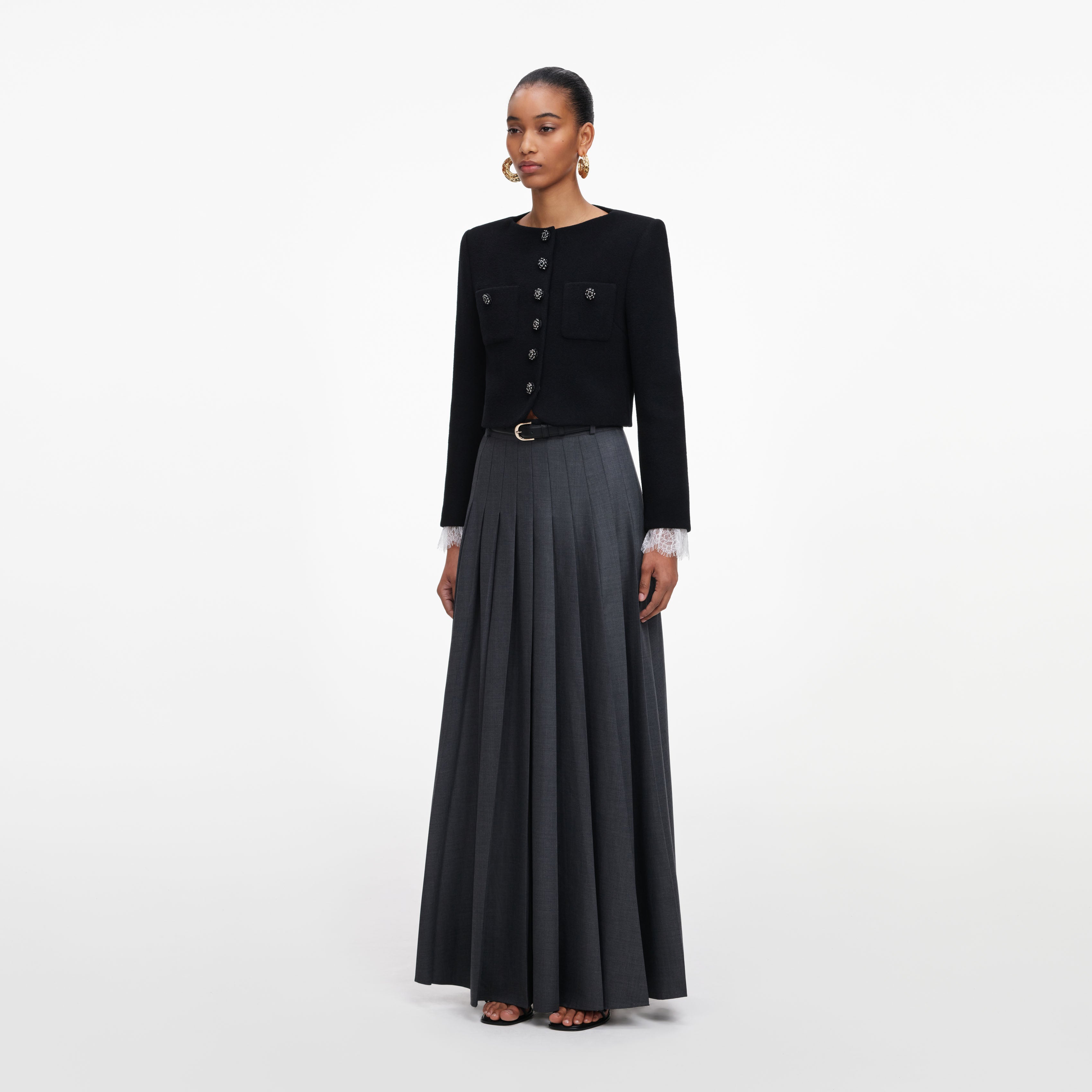 Self Portrait Grey Pleated Maxi Rock Grau Wolle