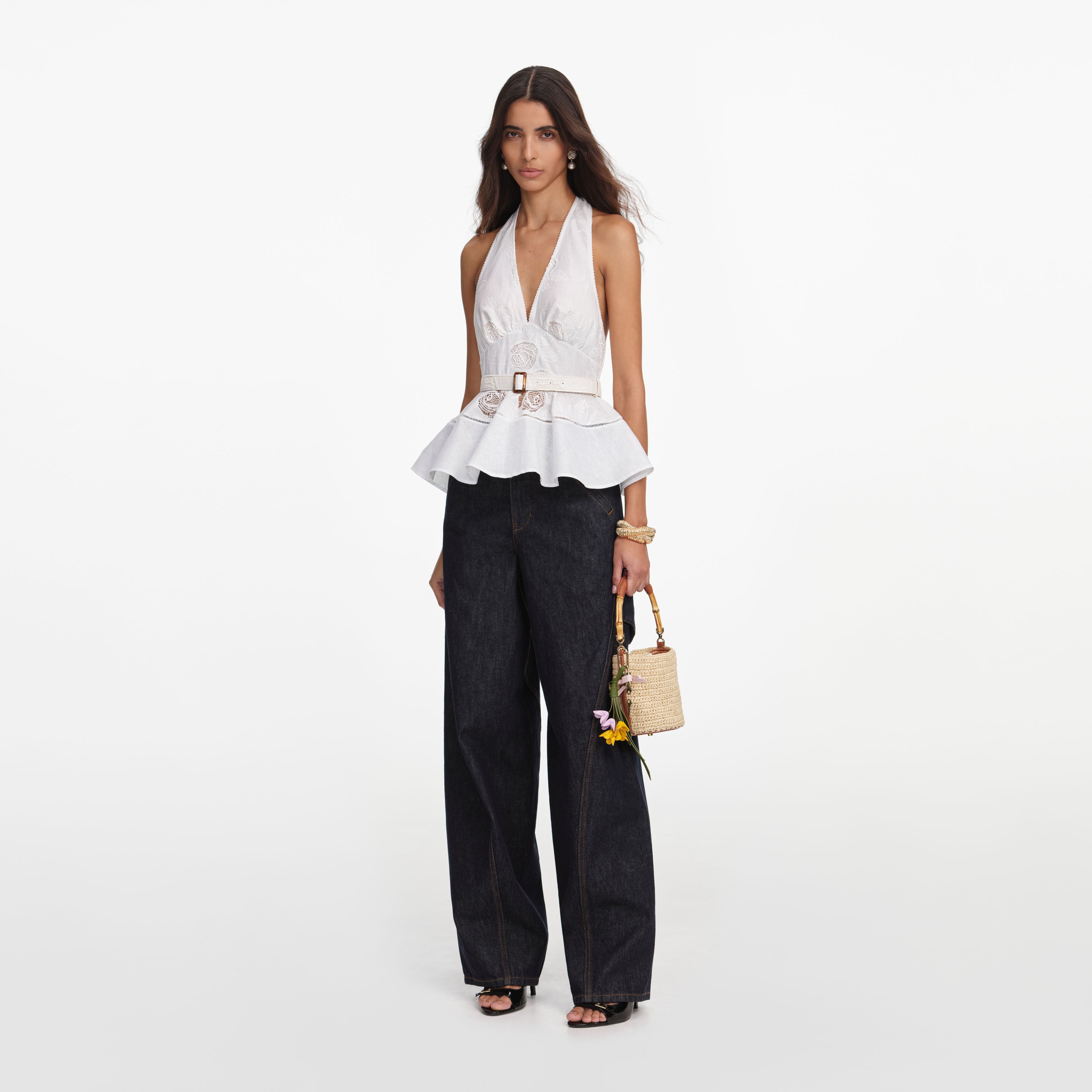 Self Portrait White Linen Peplum Top Bluse Weiß Leinen