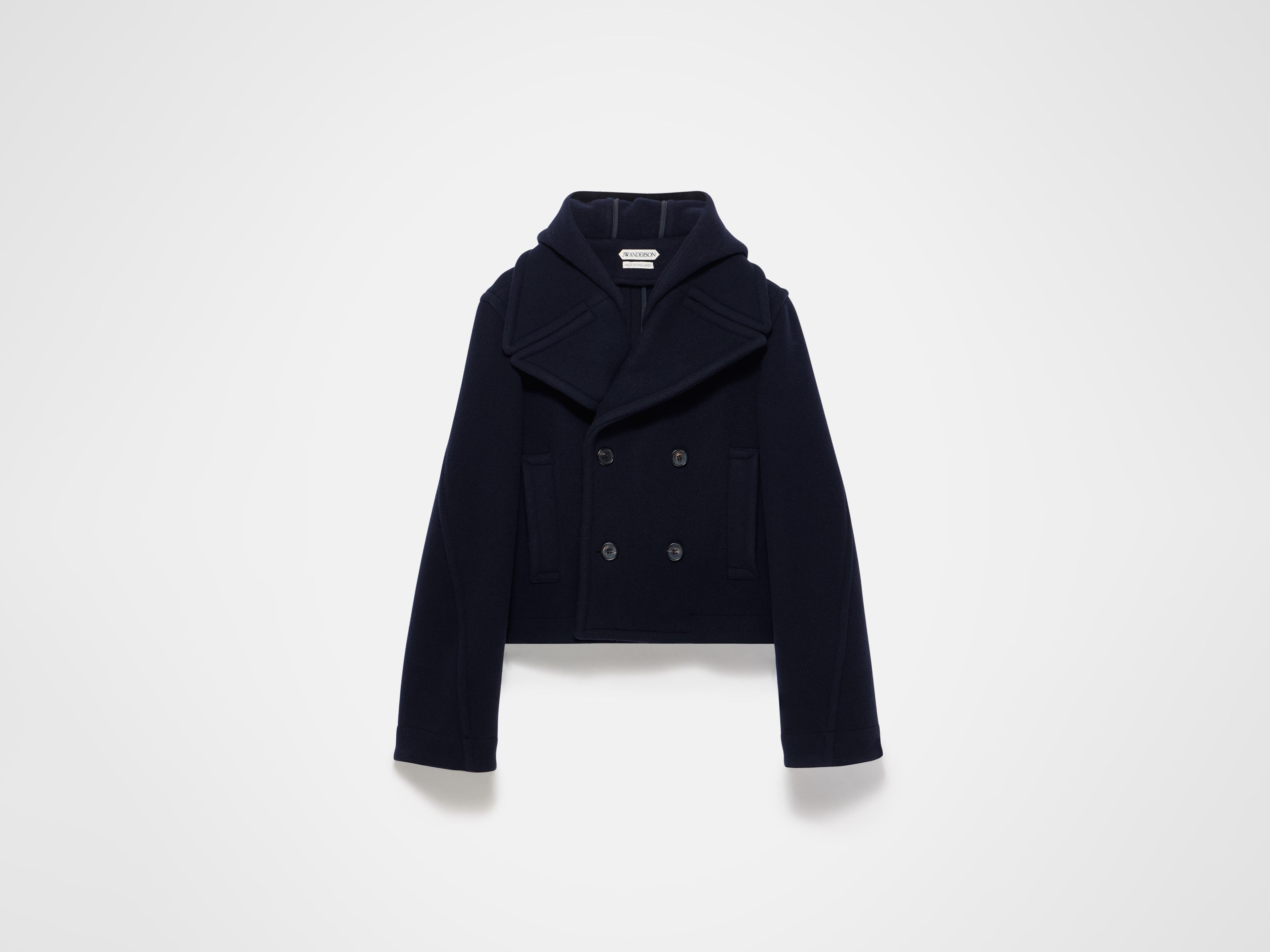 J.W. Anderson Cropped Hooded Coat Mantel Navy Wolle