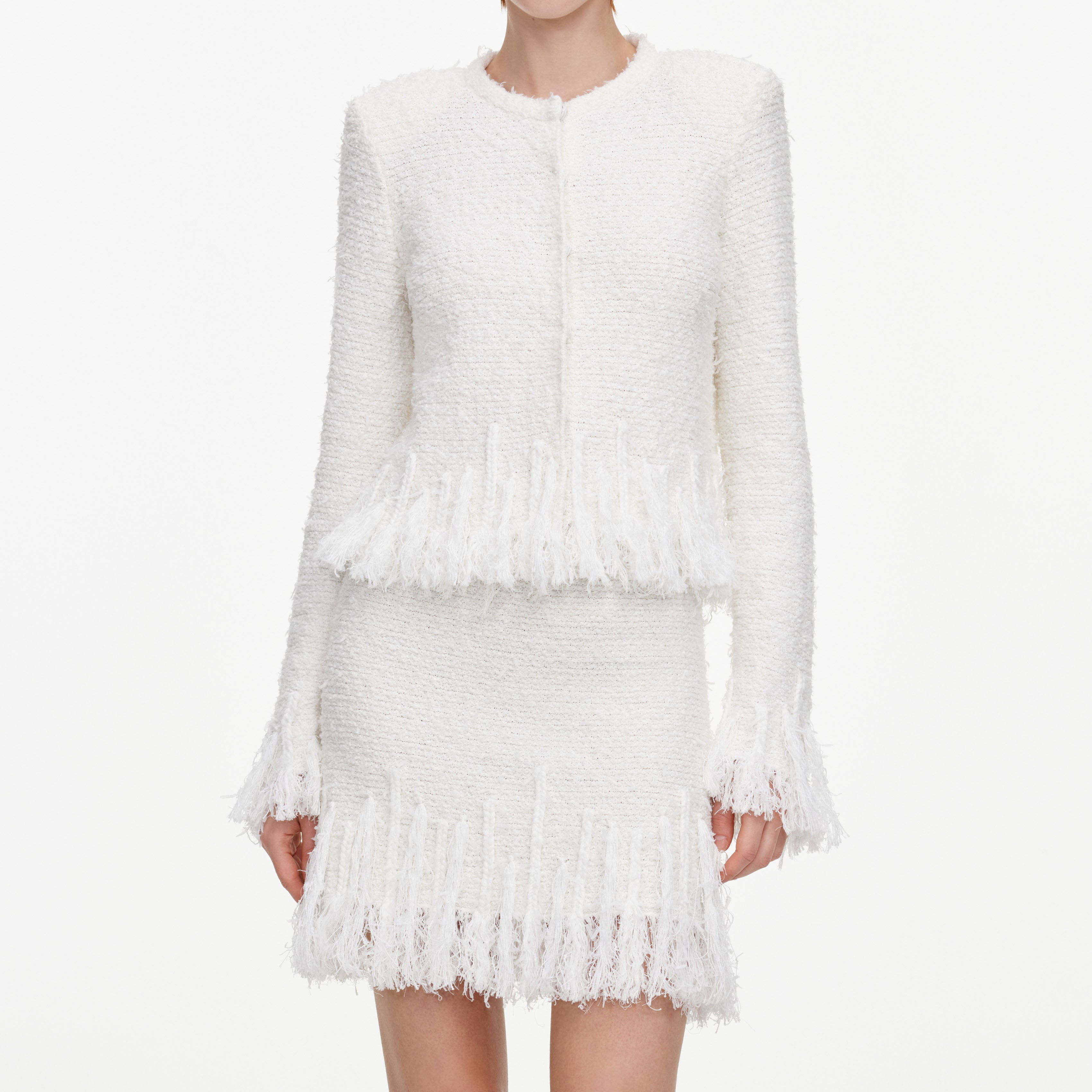 Self Portrait White Fringe Knit Mini Rock Strick Weiß