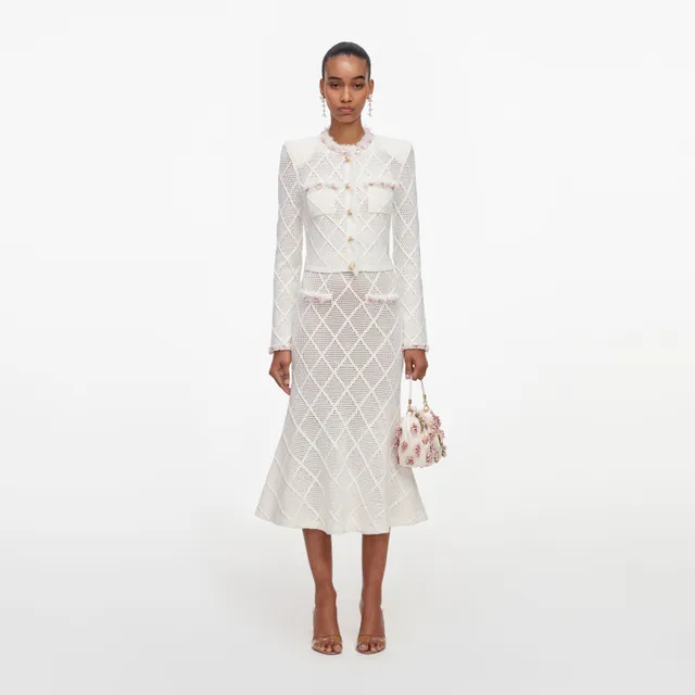 Self Portrait Fringe Knit Midi-Rock Creme Strick