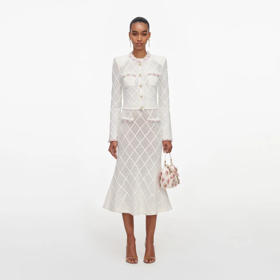 Self Portrait Fringe Knit Midi-Rock Creme Strick