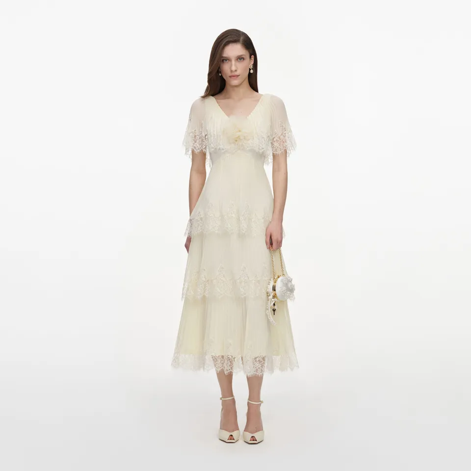 Self Portrait Chiffon Tiered Midi Kleid Gelb mit Spitze