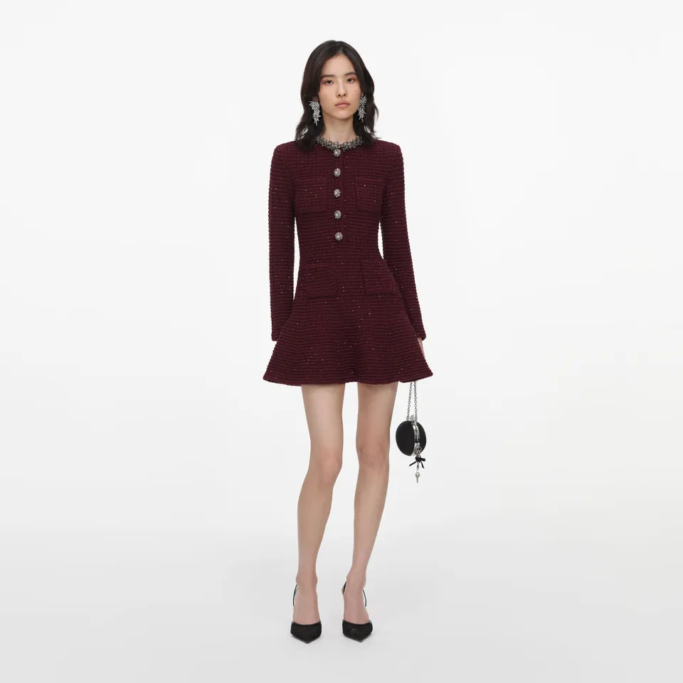 Self Portrait Burgundy Knit Embellished Minikleid Bordeaux