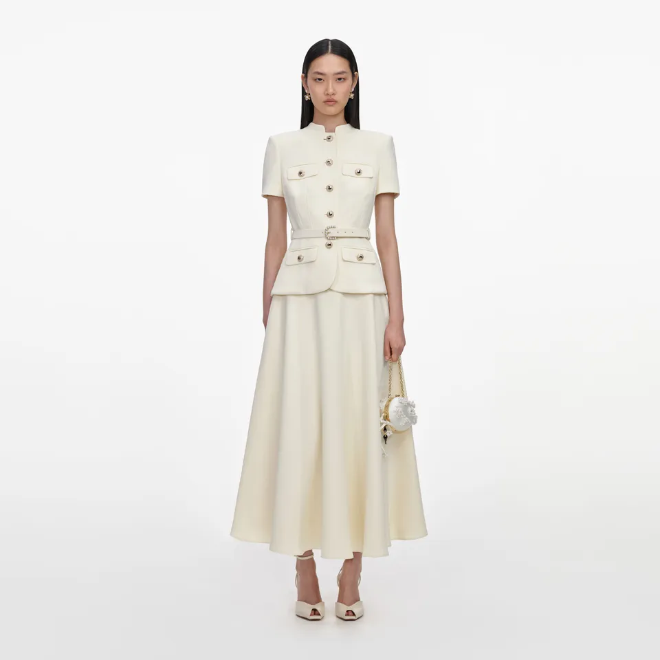 Self Portrait Gelbes Crepe Midikleid mit Gürtel Taschen