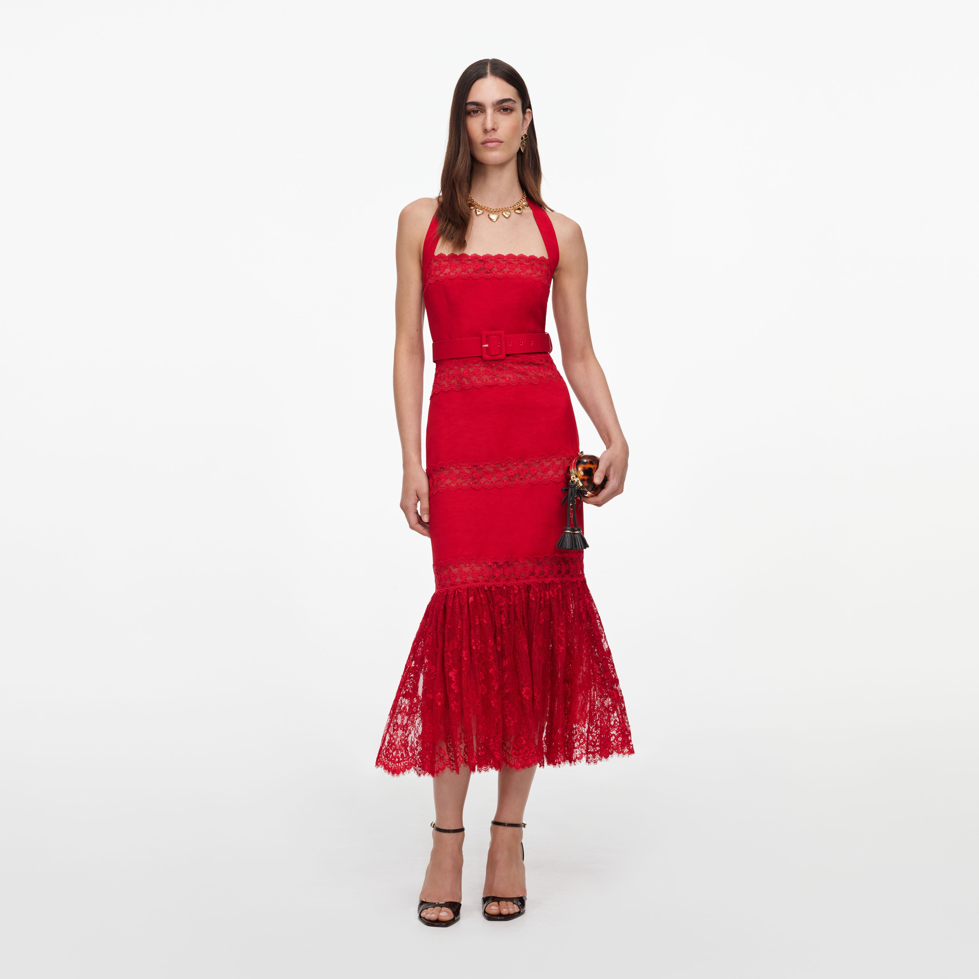 Self-Portrait Dresses Midikleid Rot Leinen Spitze Neckholder