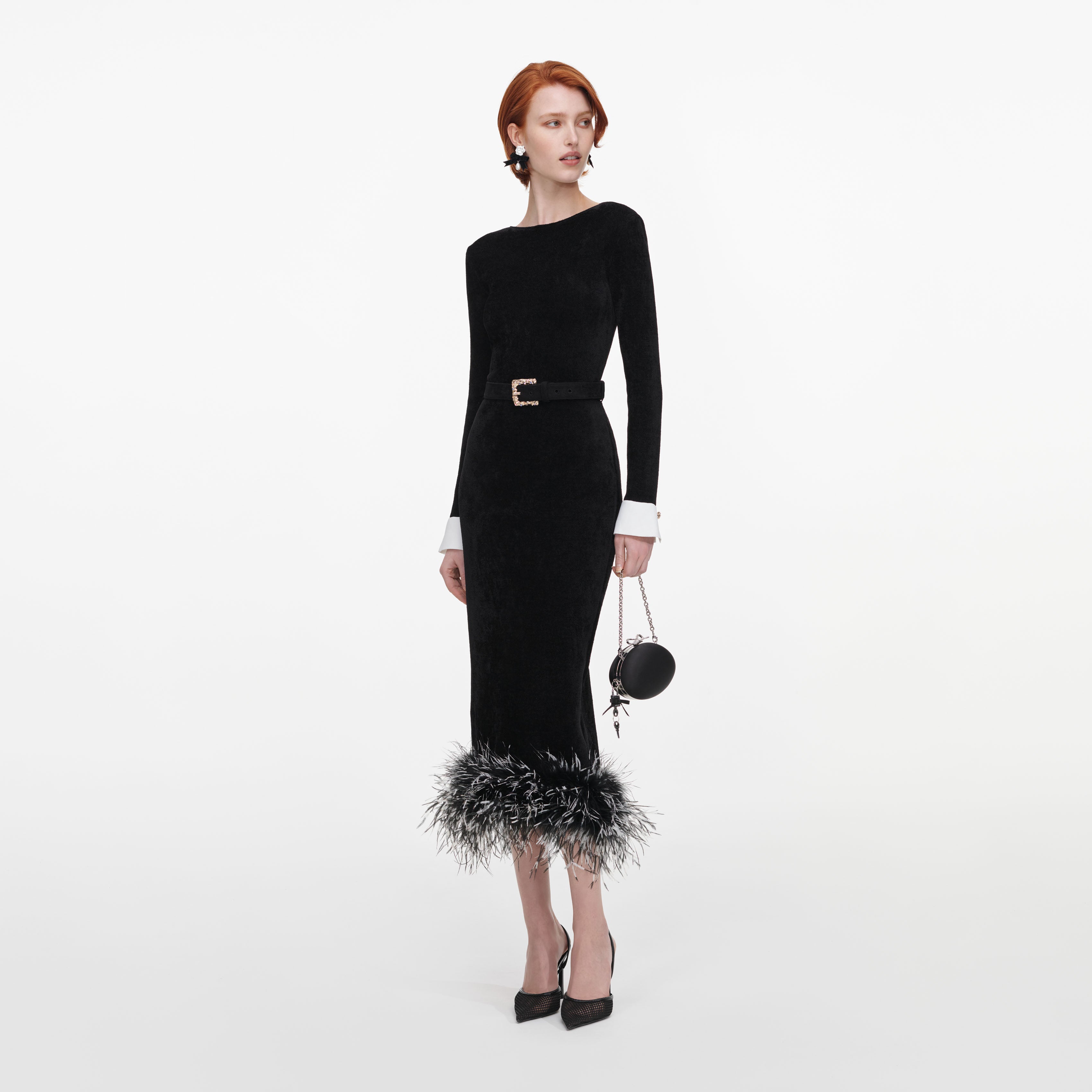 Self Portrait Black Chenille Feather Midikleid Schwarz S