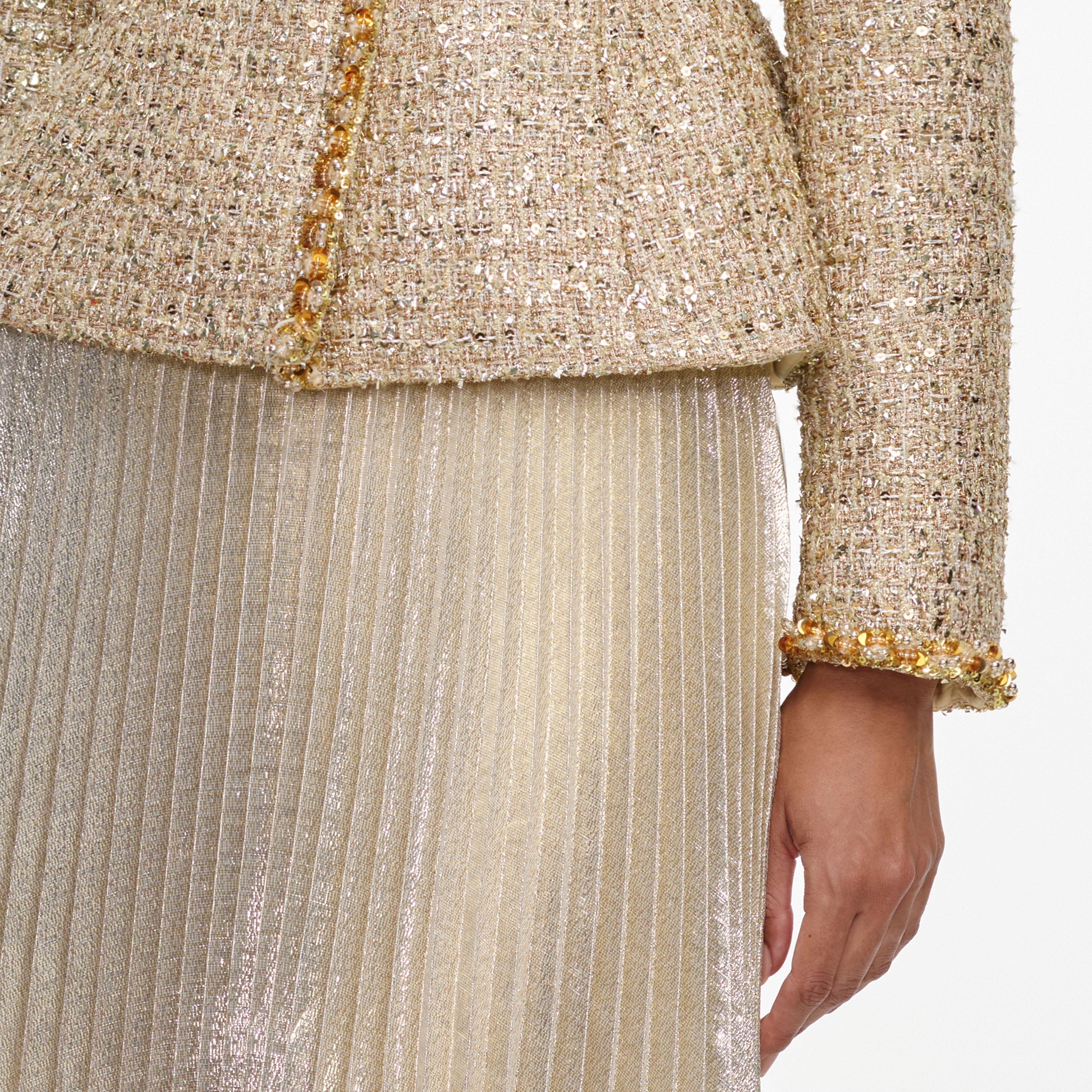 Self Portrait Boucle Maxikleid Gold Plissiert 2-in-1