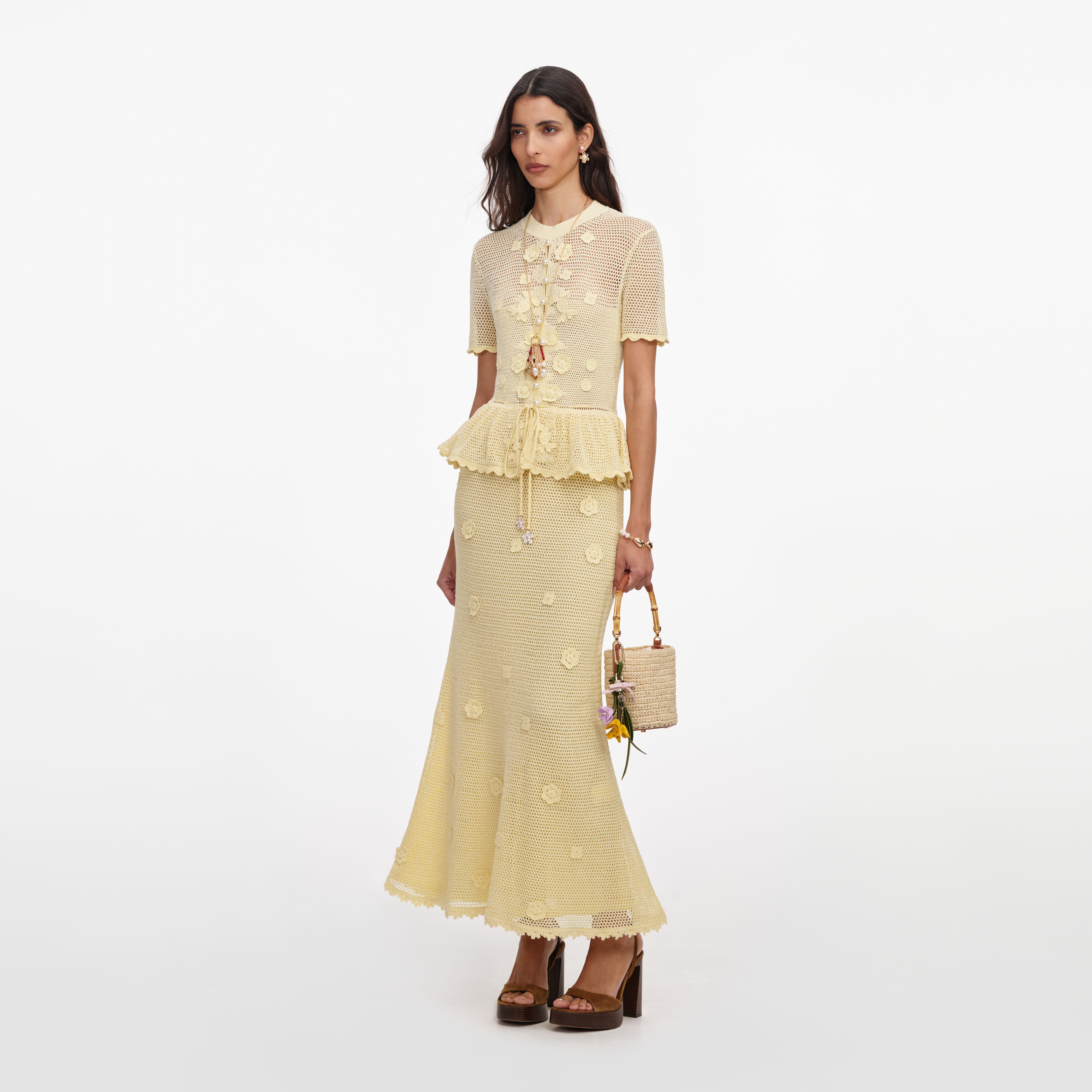 Self Portrait Yellow Floral Crochet Midi Kleid Gelb S Baumwolle