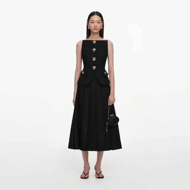 Self Portrait Black Boucle Crepe Midi Kleid Schwarz Knopf
