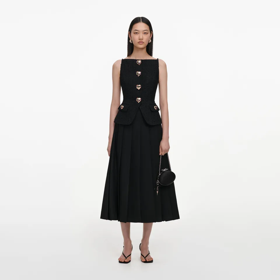 Self Portrait Black Boucle Crepe Midi Kleid Schwarz Knopf