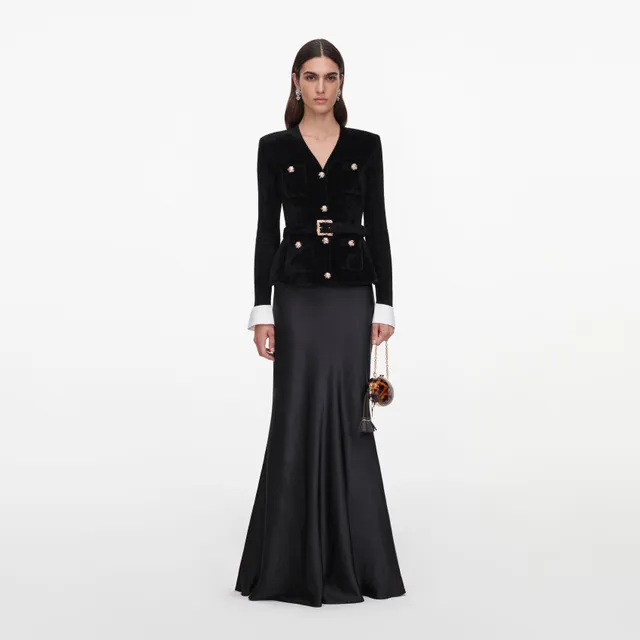 Self Portrait Black Chenille Maxikleid Schwarz Satin
