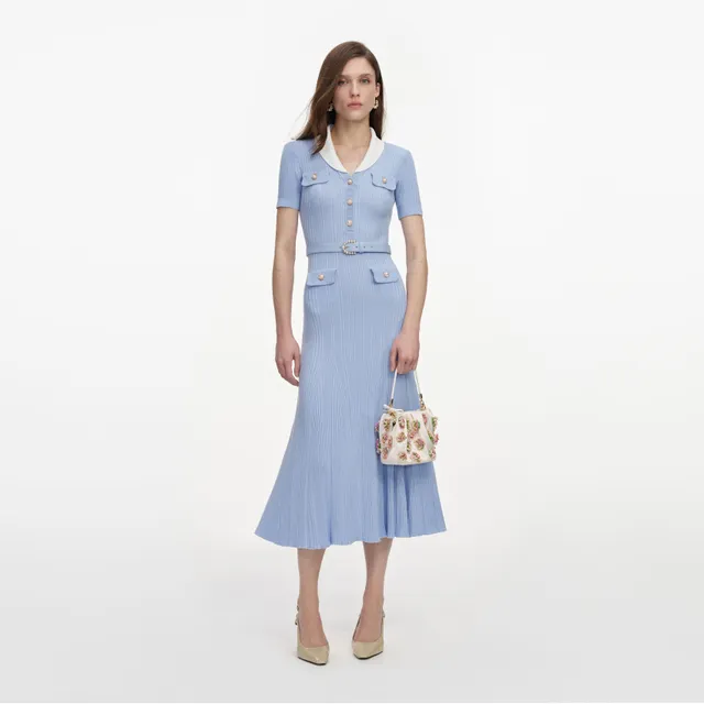 Self Portrait Blue Ribbed Knit Midi Kleid Blau Gr. S