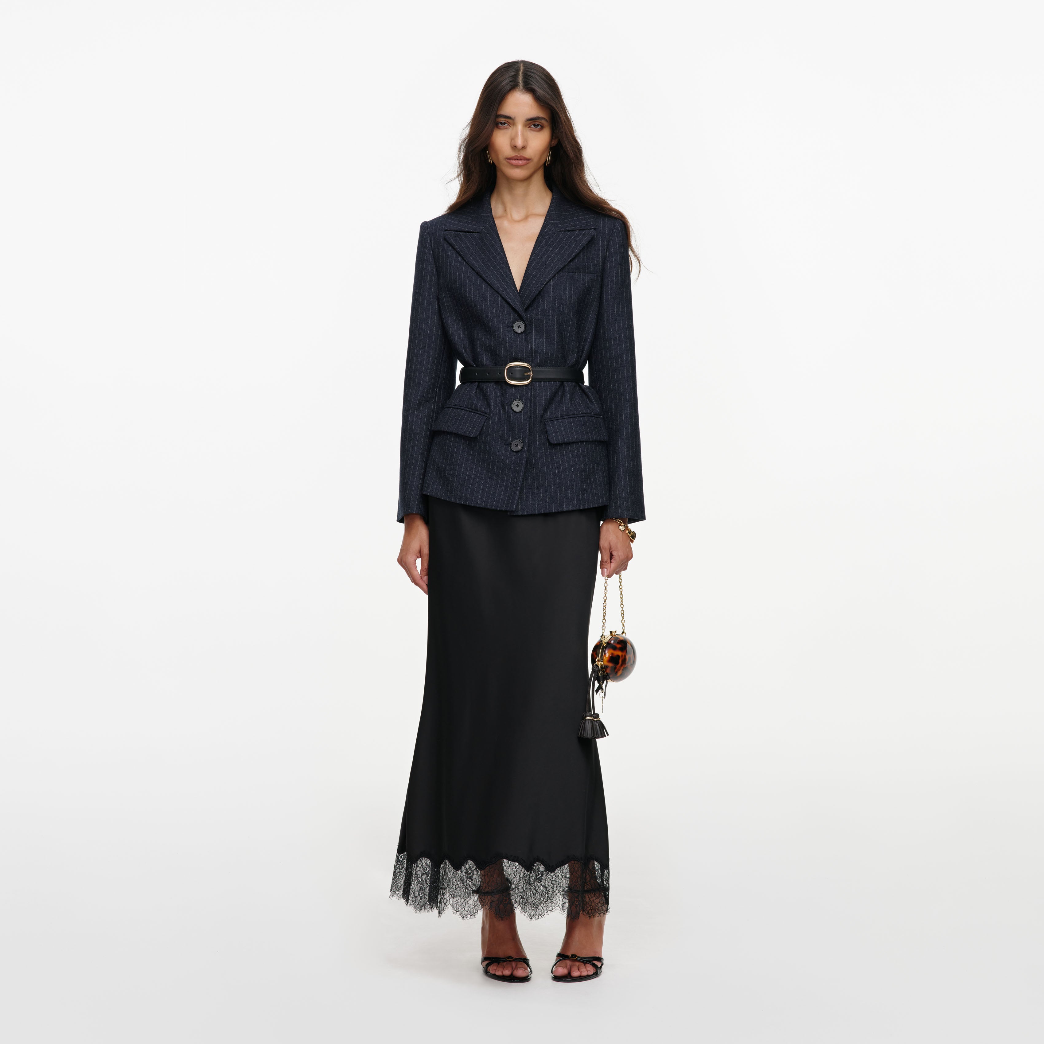 Self Portrait Tailored Blazer Satin Midikleid Grau Wolle