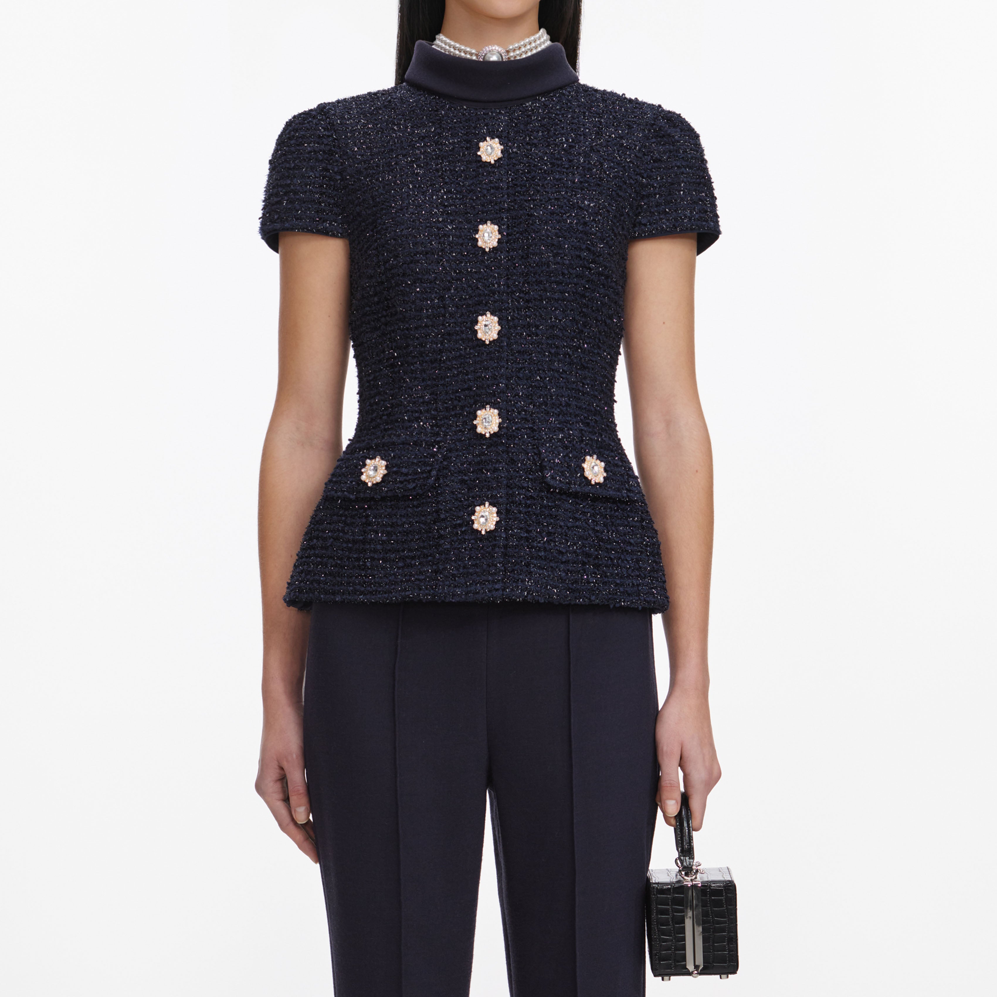 Self Portrait Navy Metallic Boucle Jumpsuit Overall Blau
