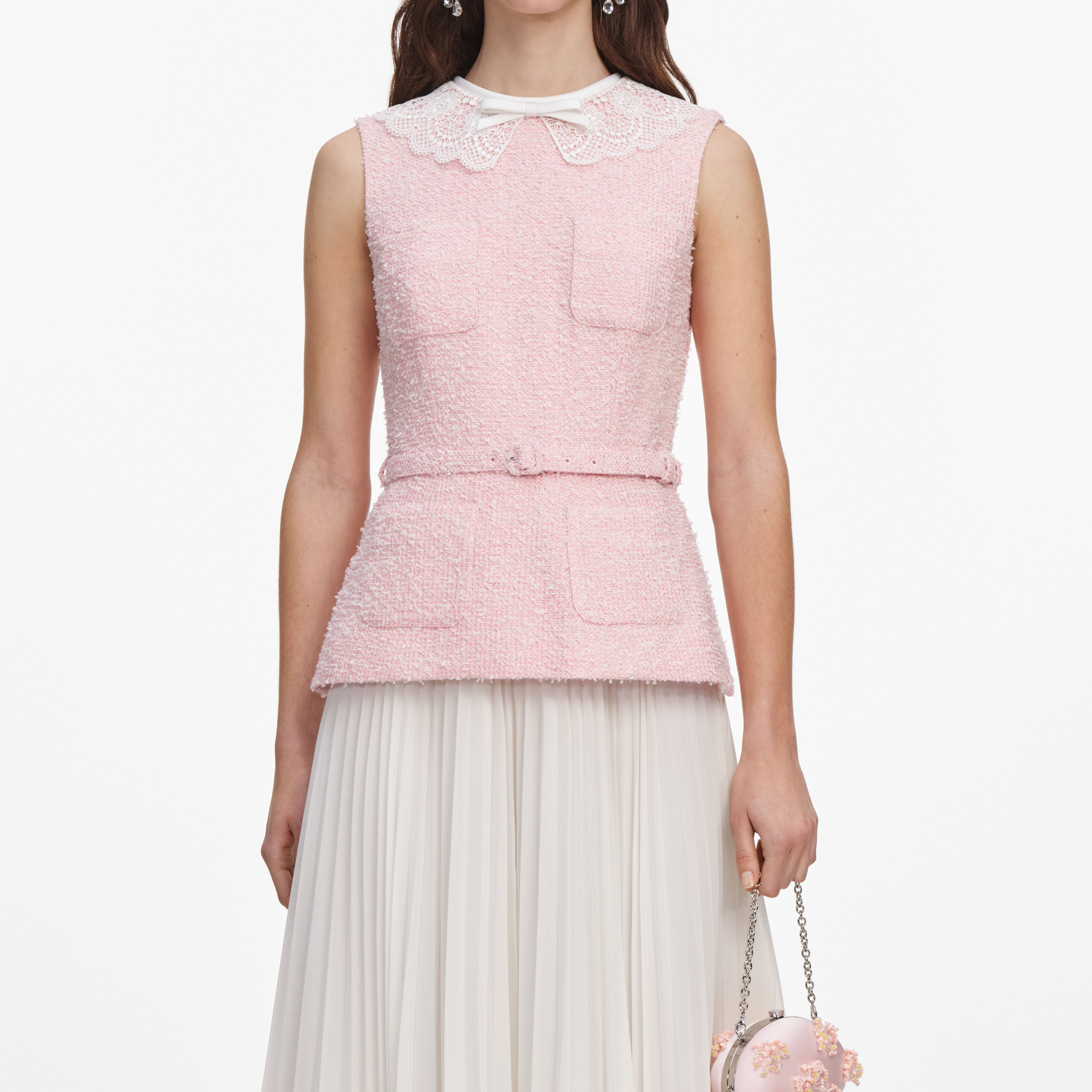 Self Portrait Pink Boucle Midi Kleid Rosa Spitze UK 6