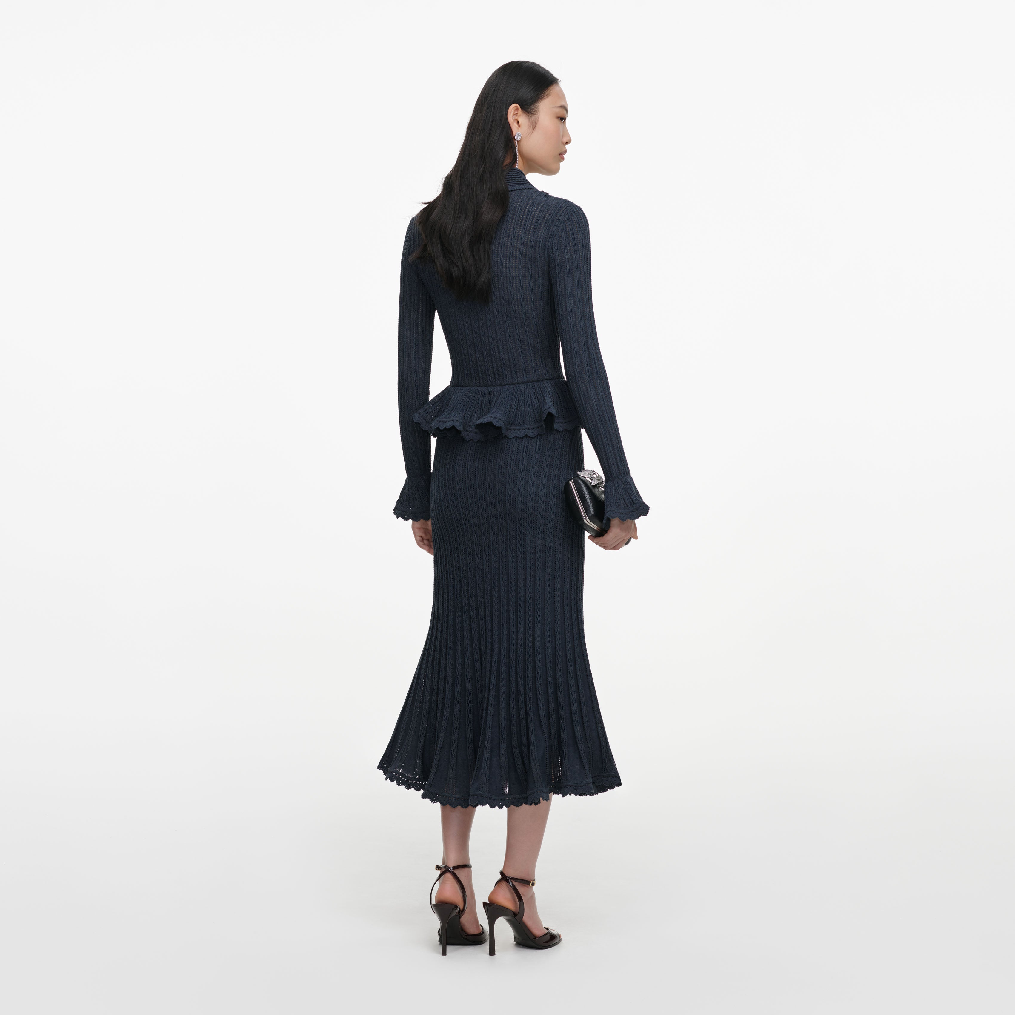 Self Portrait Peplum Pointelle Strick Midikleid Grau S