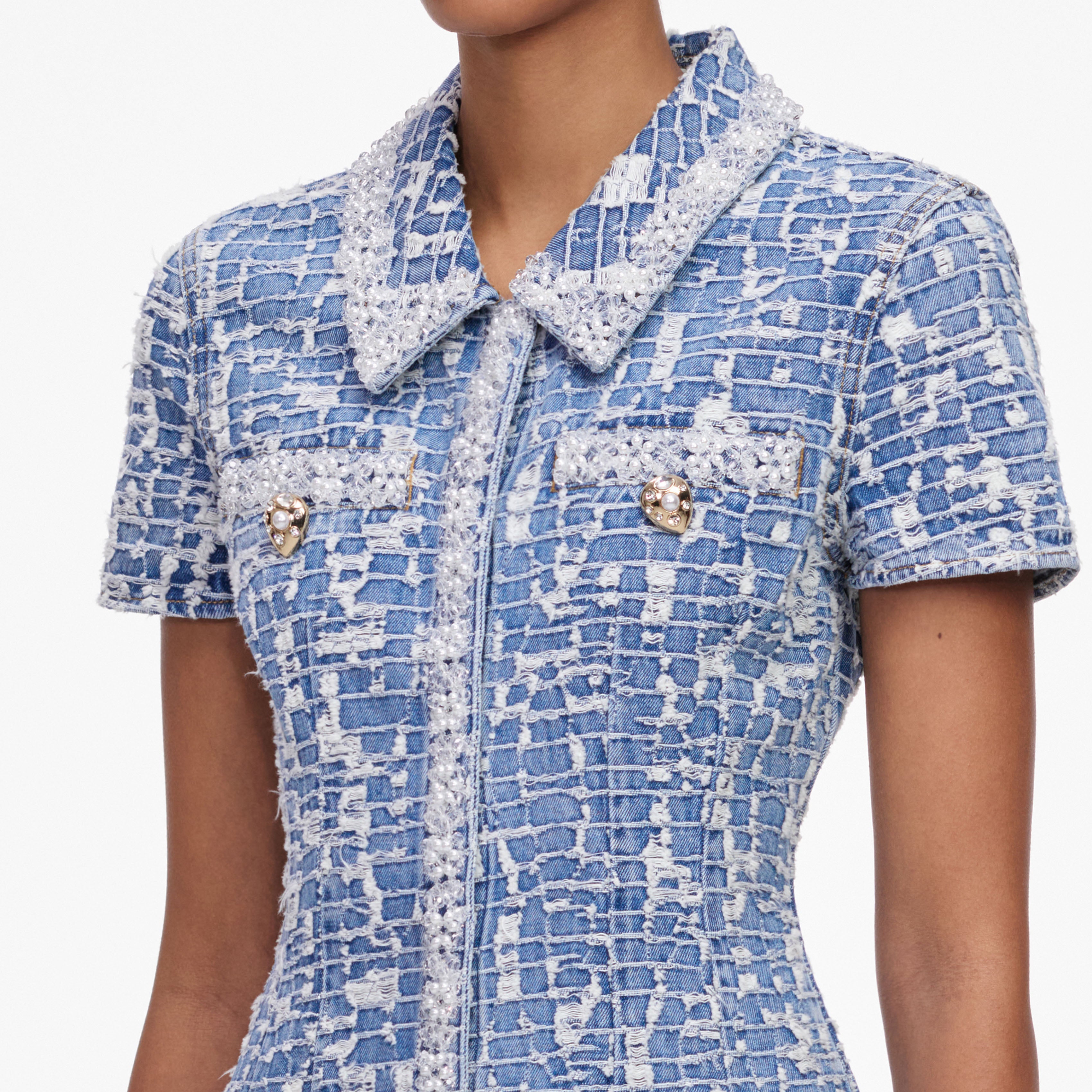 Self Portrait Denim Mini Kleid Blau Kragen Perlen