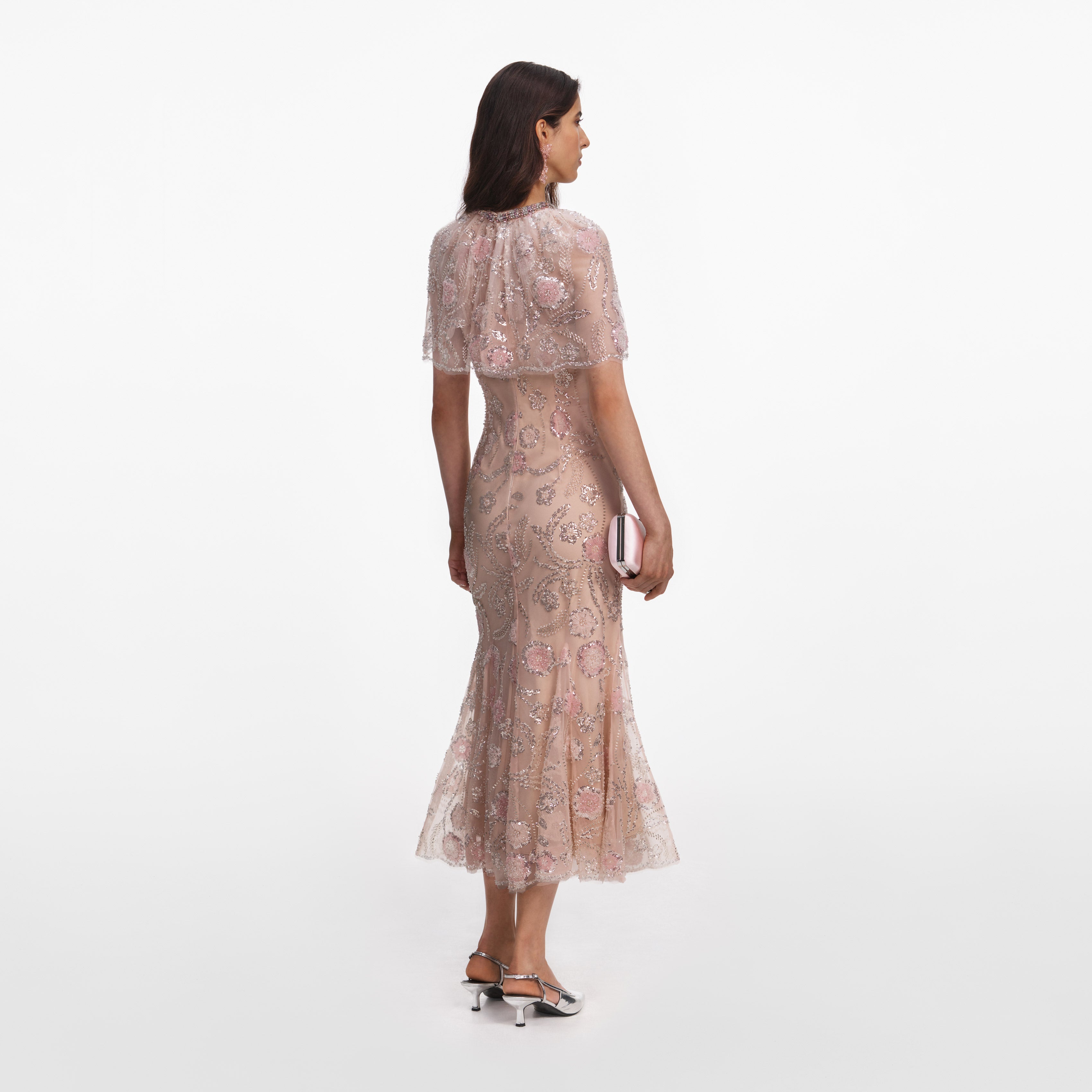 Self Portrait Pailletten Midikleid Rosa Cape Strass