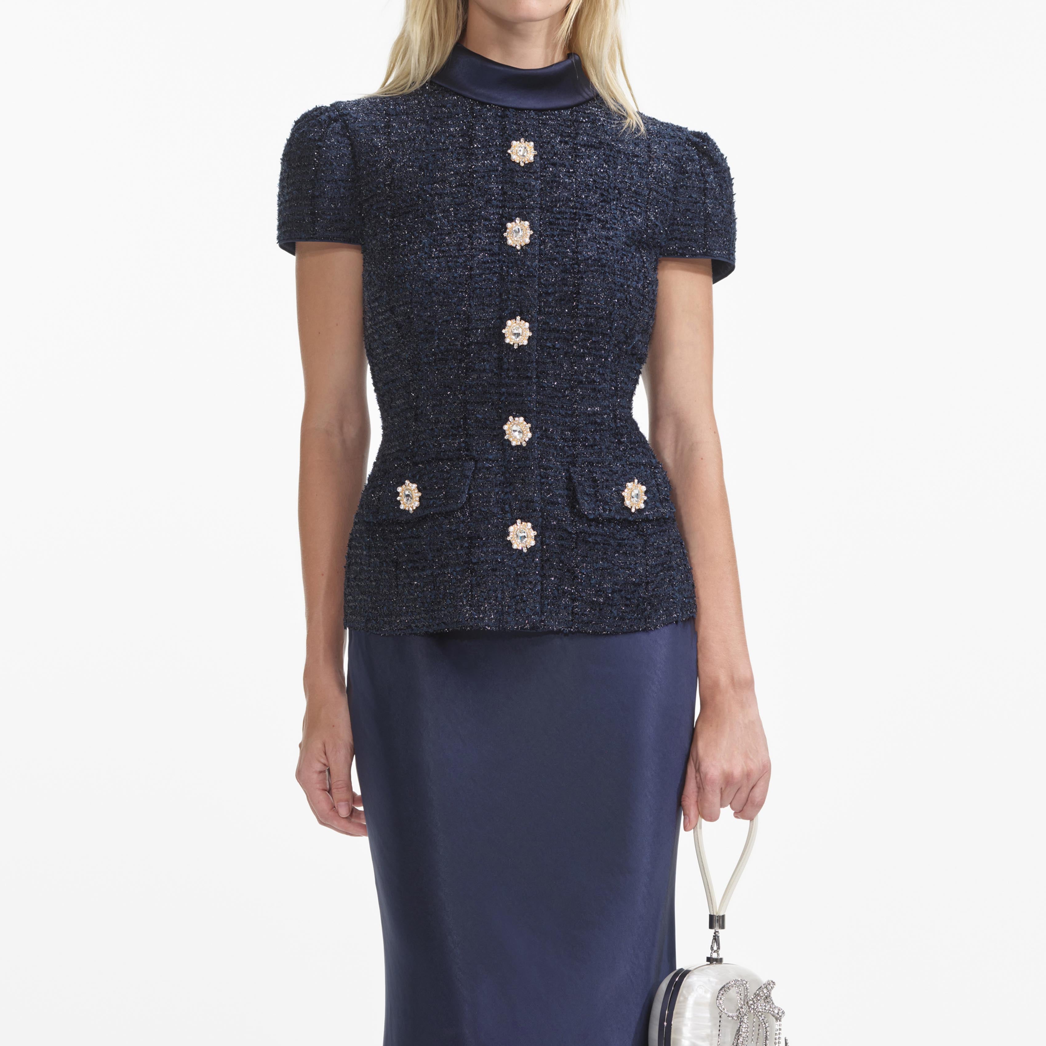 Self Portrait Navy Metallic Boucle Maxikleid Navy Metallic