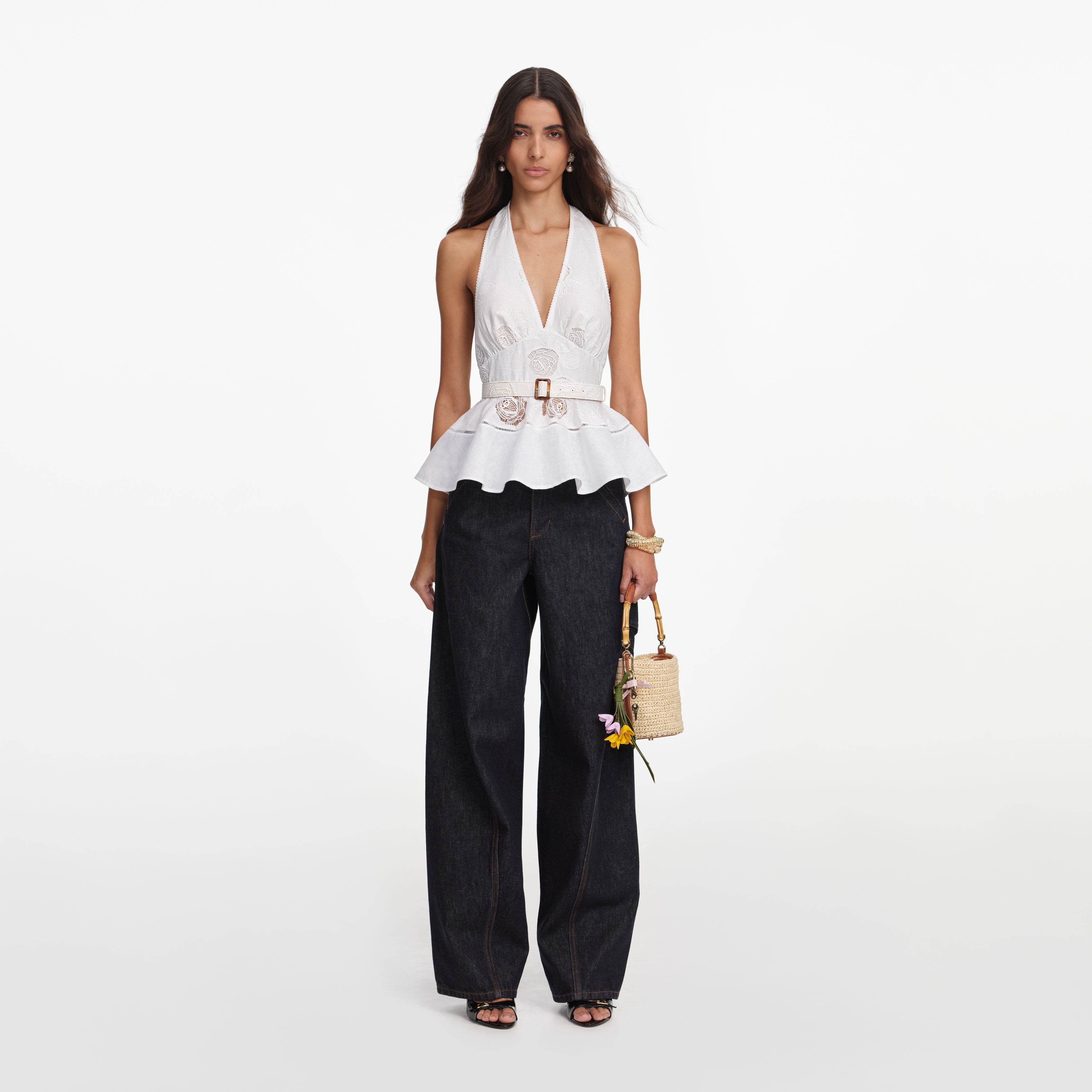 Self Portrait White Linen Peplum Top Bluse Weiß Leinen