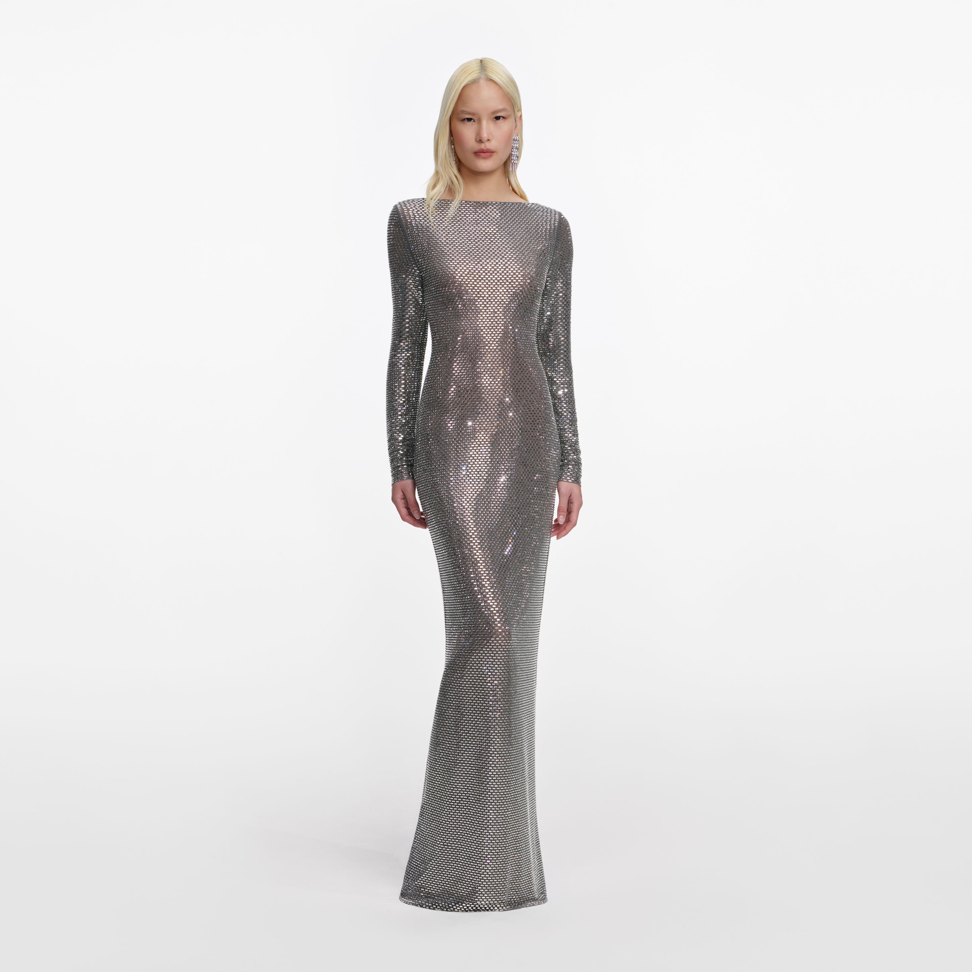 Self Portrait Grey Rhinestone Maxikleid Kleid Grau UK 8 Langarm