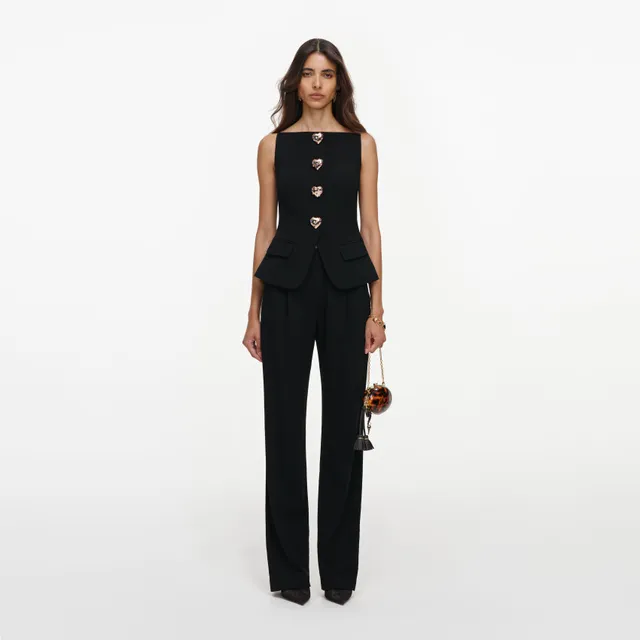 Self Portrait Wool Crepe Jumpsuit Overall Schwarz Goldknöpfe