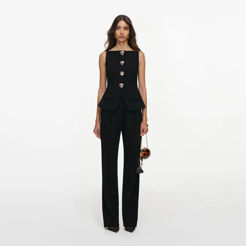 Self Portrait Wool Crepe Jumpsuit Overall Schwarz Goldknöpfe