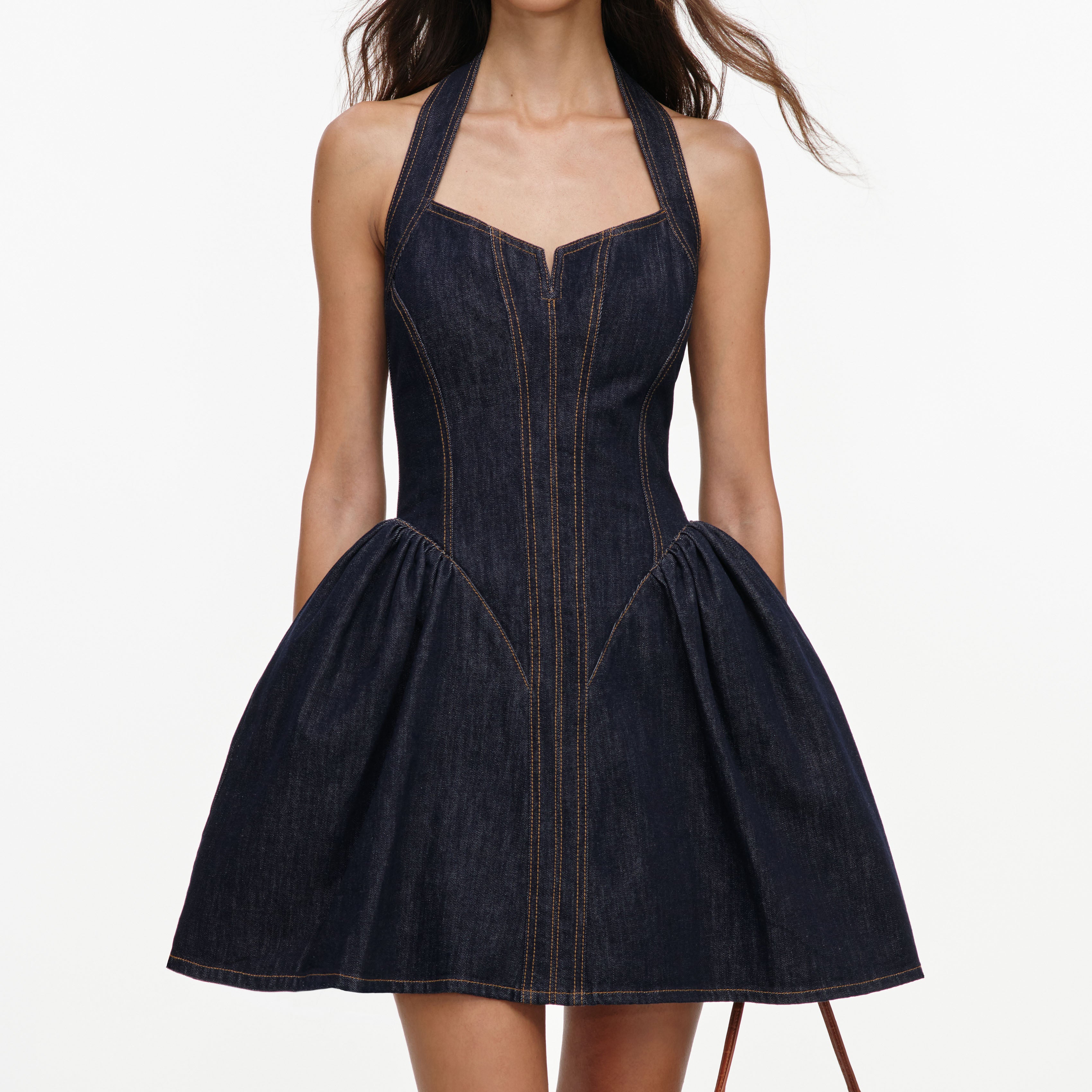 Self-Portrait Denim Halterneck Flared Mini Kleid indigo