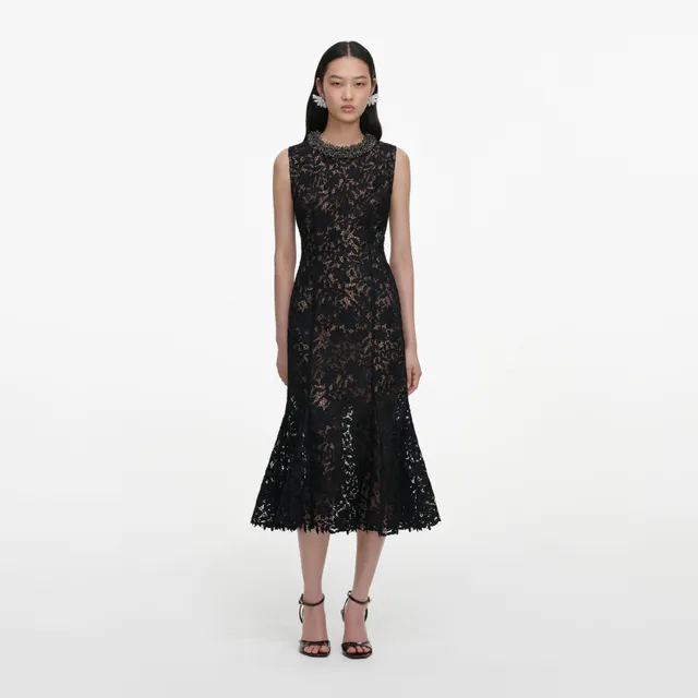 Self Portrait Black Lace Beaded Trim Midikleid Spitze