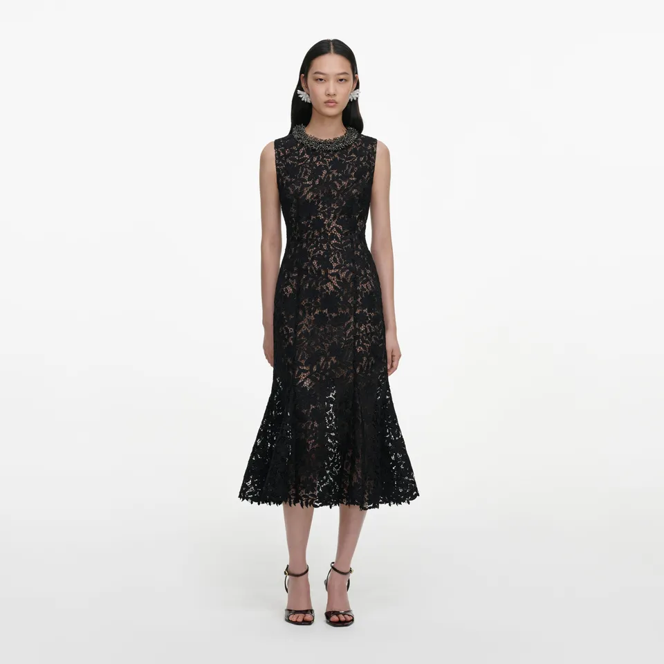 Self Portrait Black Lace Beaded Trim Midikleid Spitze