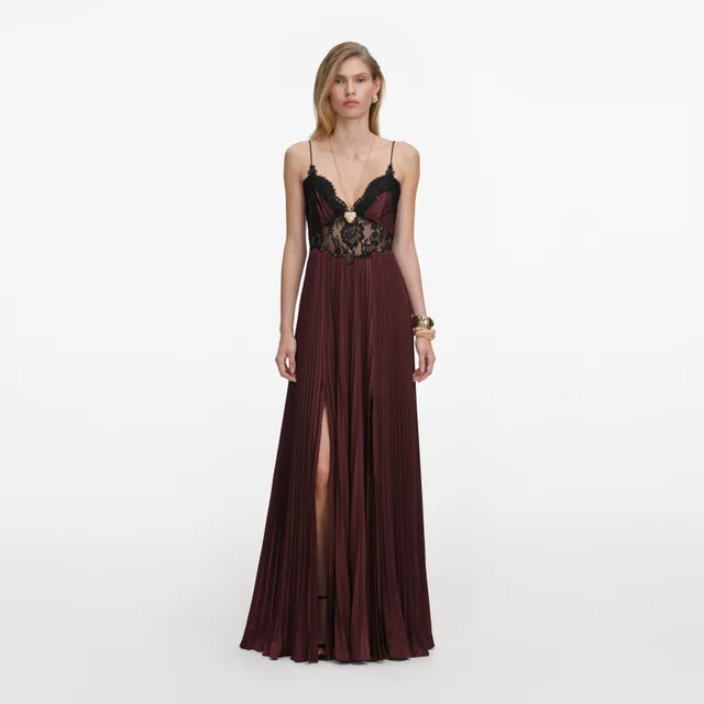 Self Portrait Brown Satin Lace Insert Maxi Kleid Braun