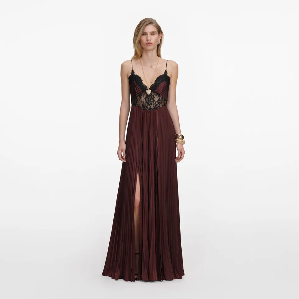 Self Portrait Brown Satin Lace Insert Maxi Kleid Braun