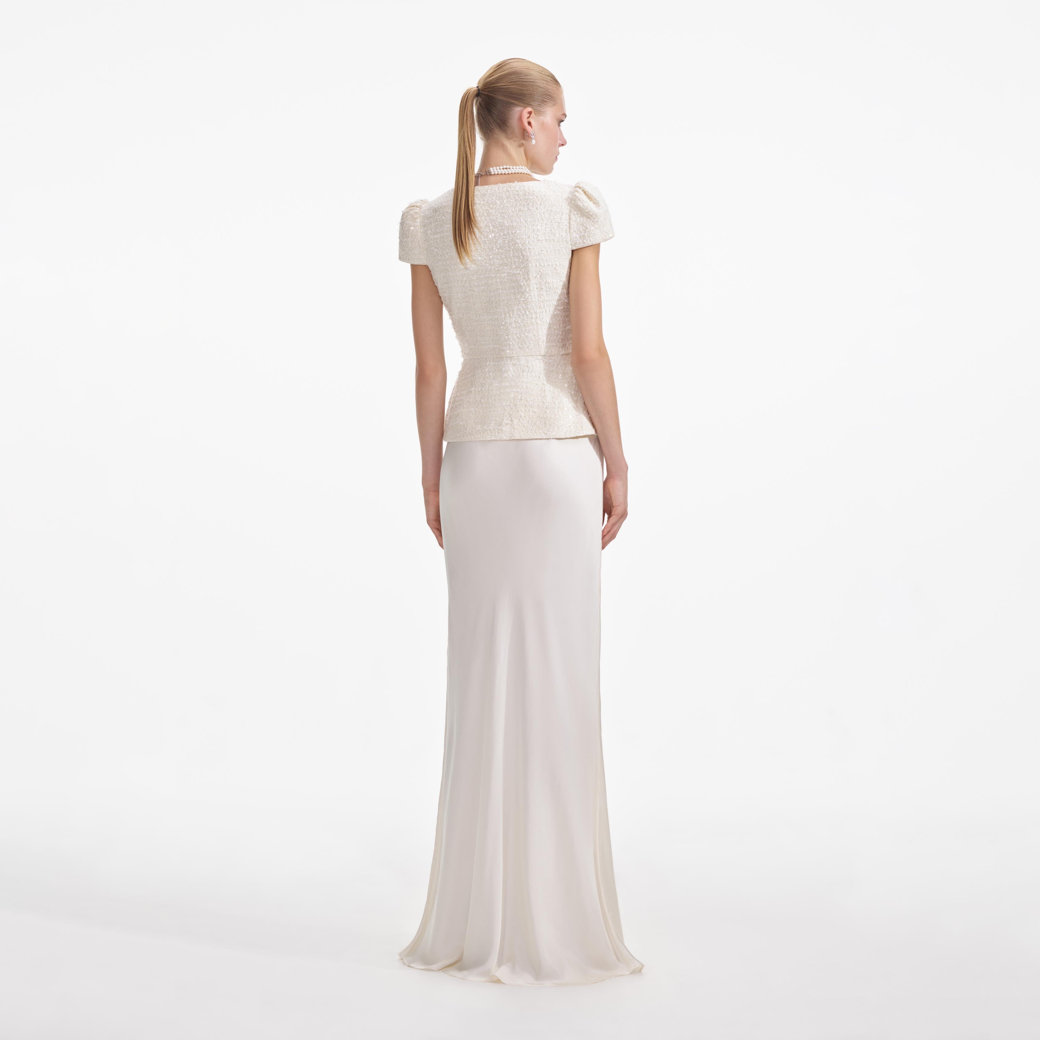 Self Portrait Cream Boucle Bow Maxi Kleid Creme Taschen