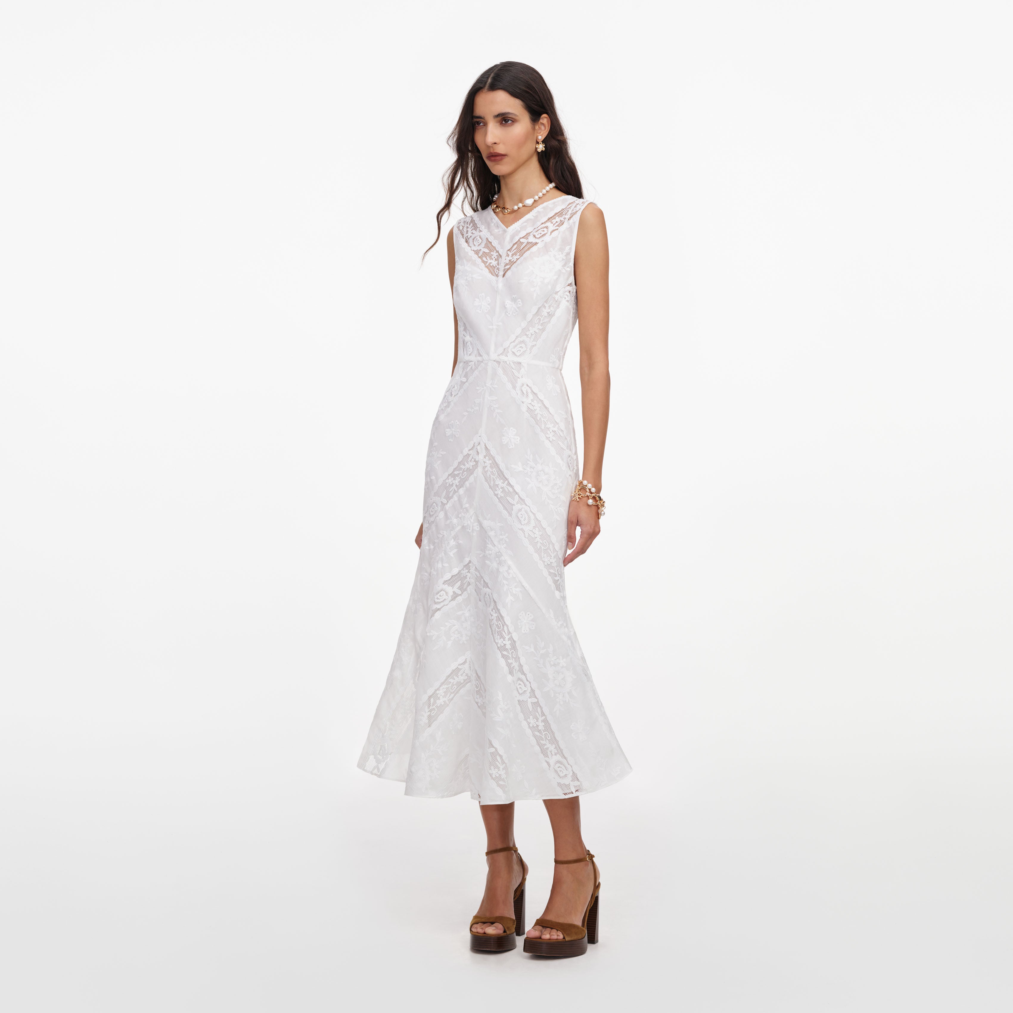 Self Portrait White Ramie Sleeveless Midi Dress Kleid Weiss