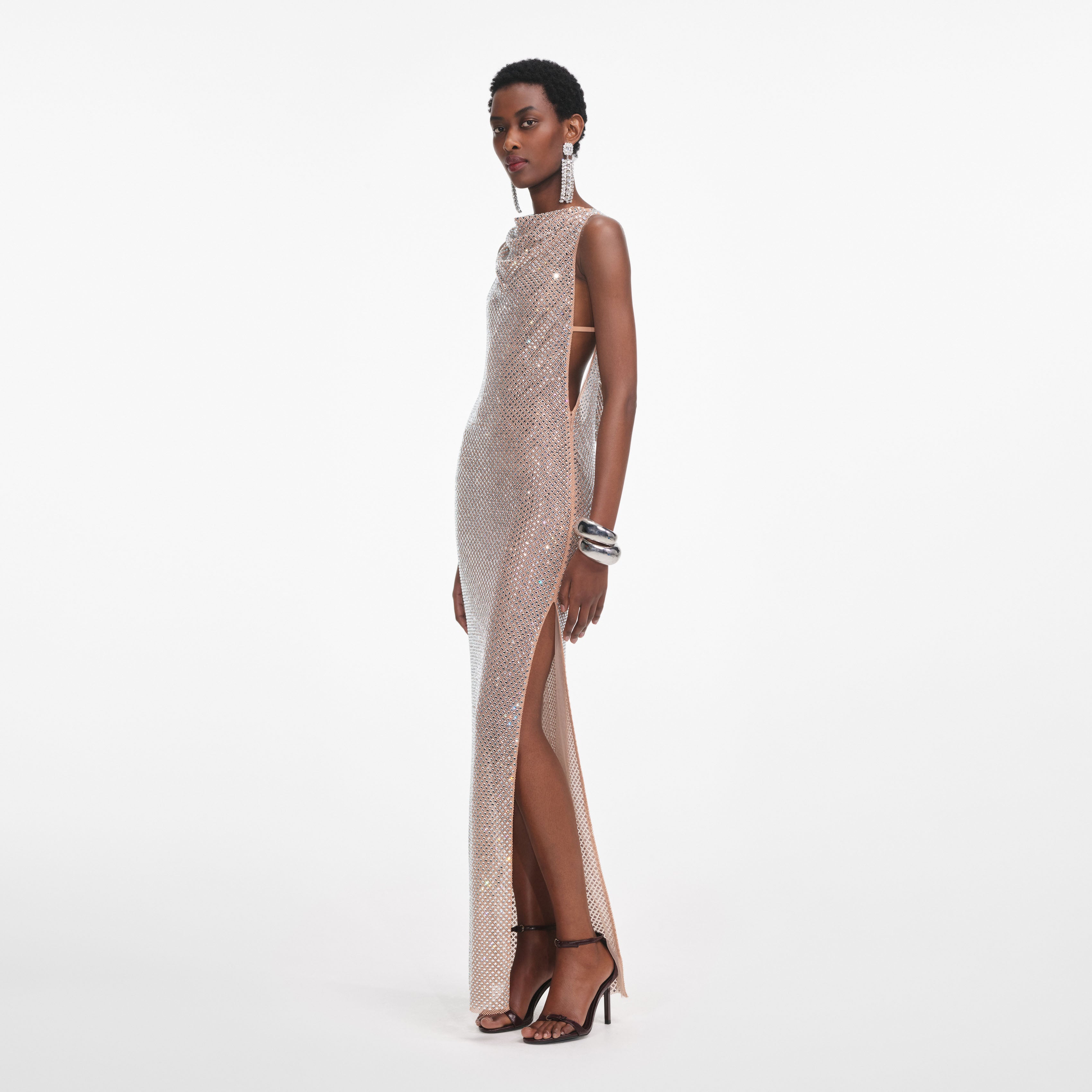 Self Portrait Silver Rhinestone Maxi Kleid silber