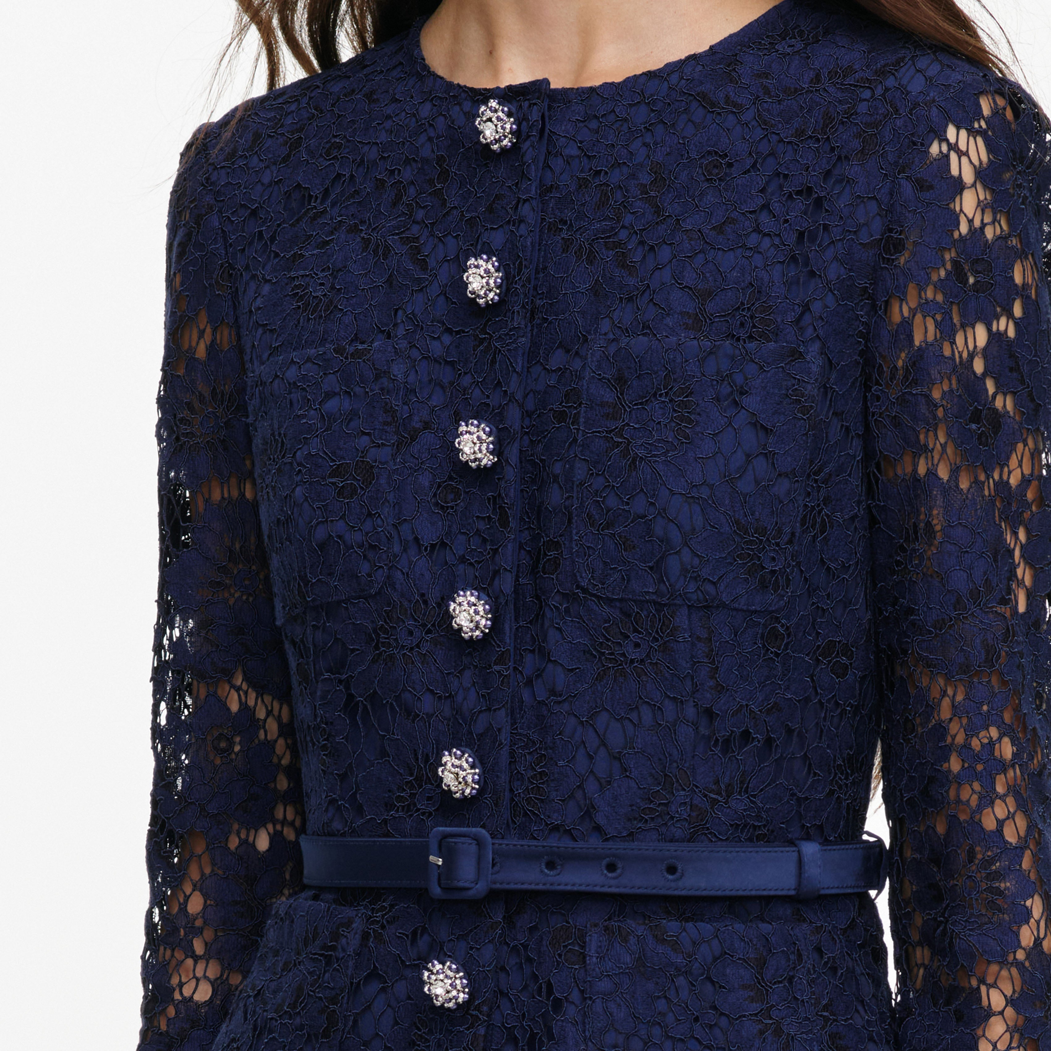 Self Portrait Navy Tailored Lace Satin Maxi Dress Kleid Blau