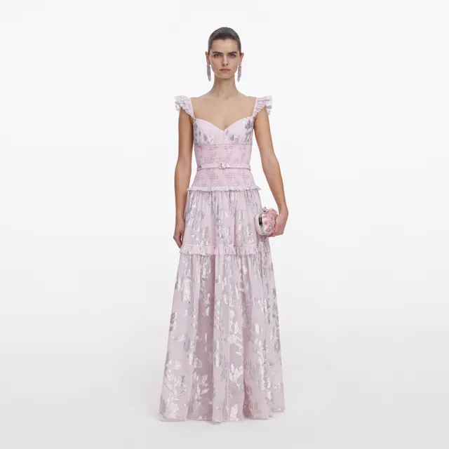 Self Portrait Pink Metallic Chiffon Flower Maxi Dress Pink