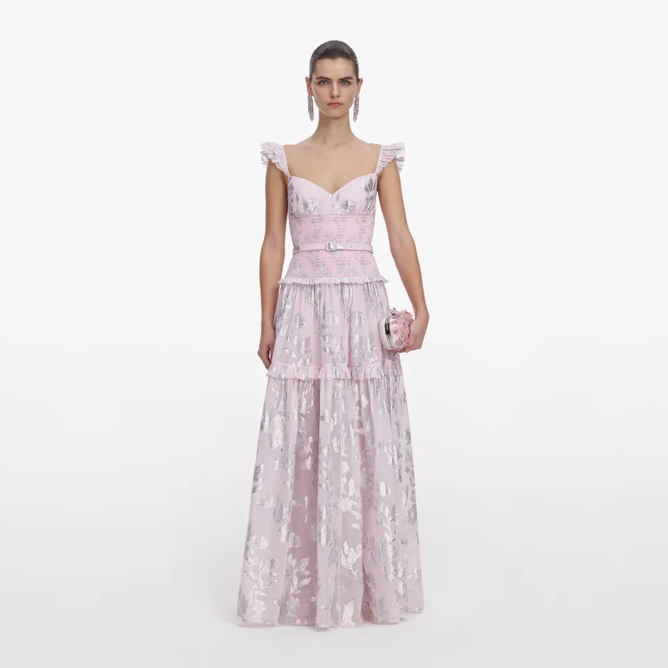 Self Portrait Pink Metallic Chiffon Flower Maxi Dress Pink