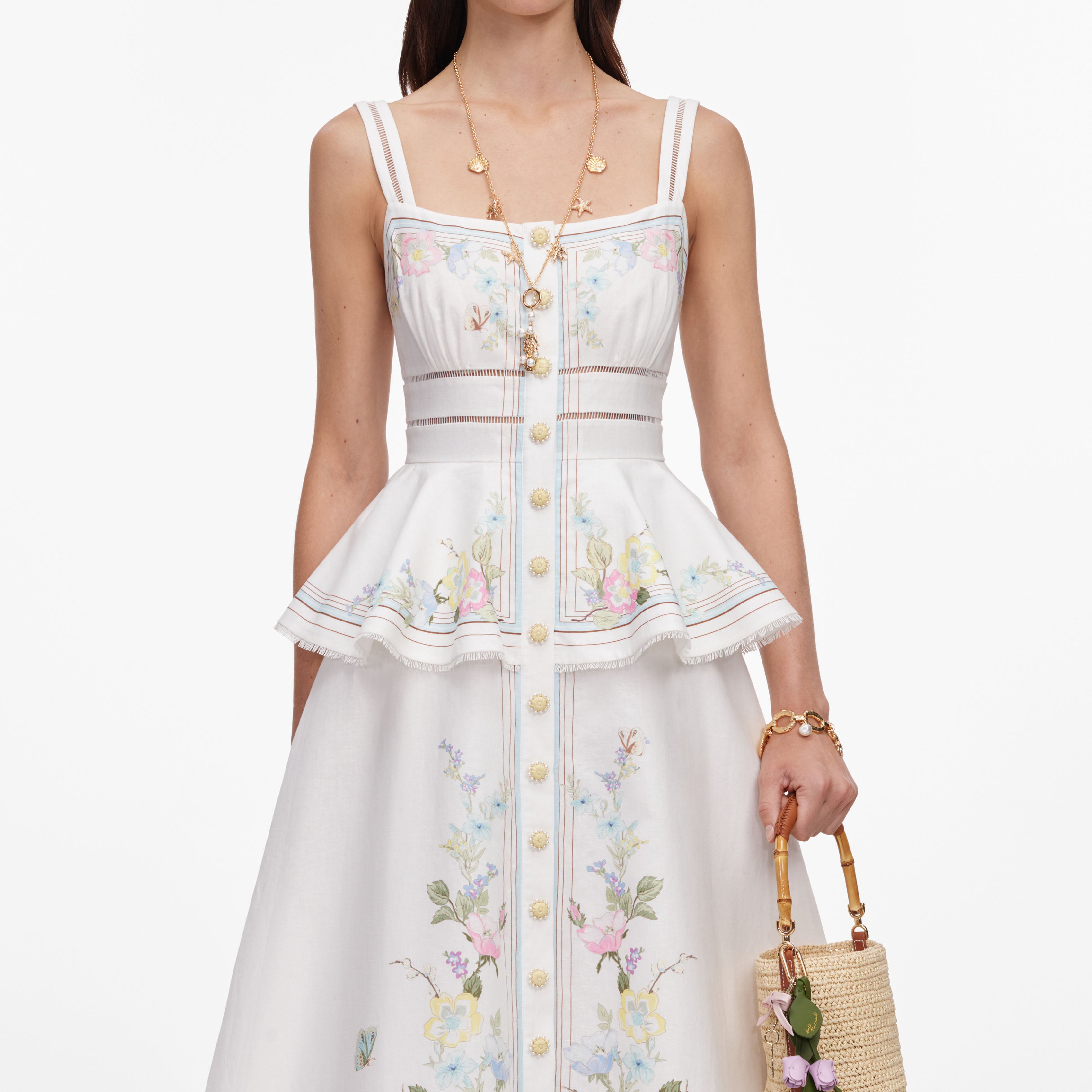 Self Portrait White Floral Linen Peplum Midikleid Weiß UK 4-16