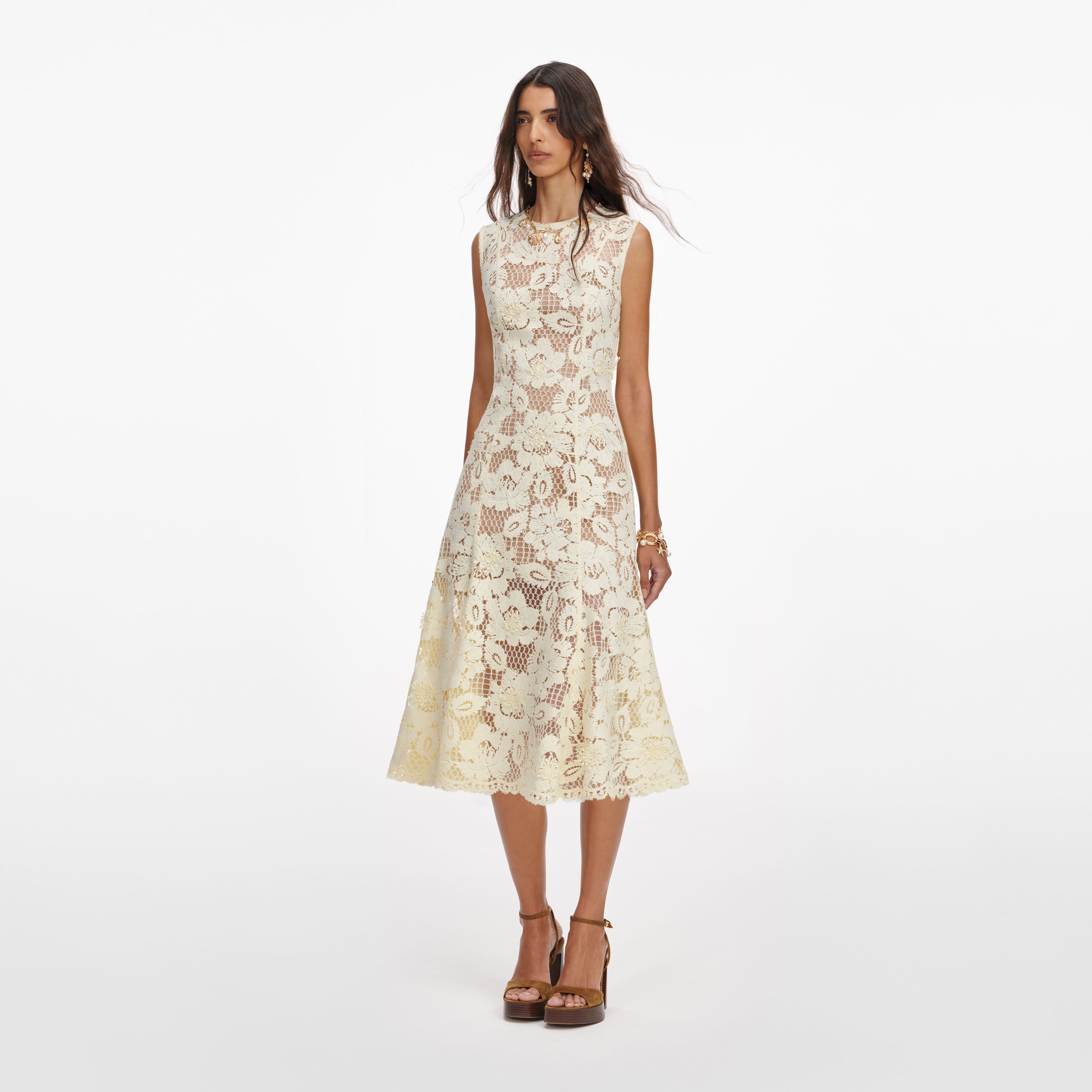 Self Portrait Yellow Crochet Lace Midi Dress Midikleid Gelb